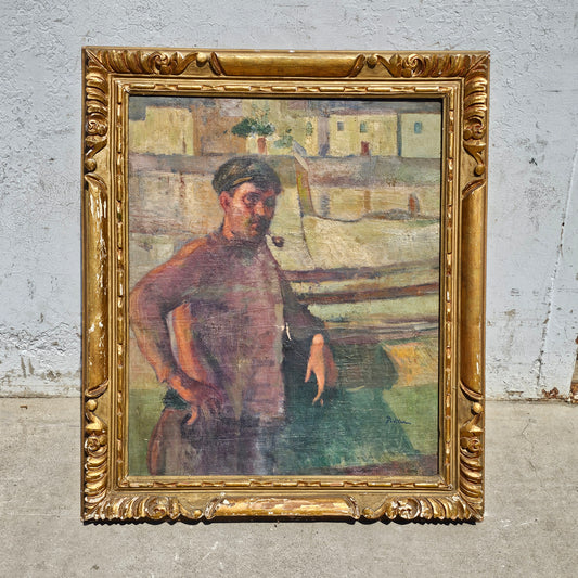 Antique Framed Fisherman Painting