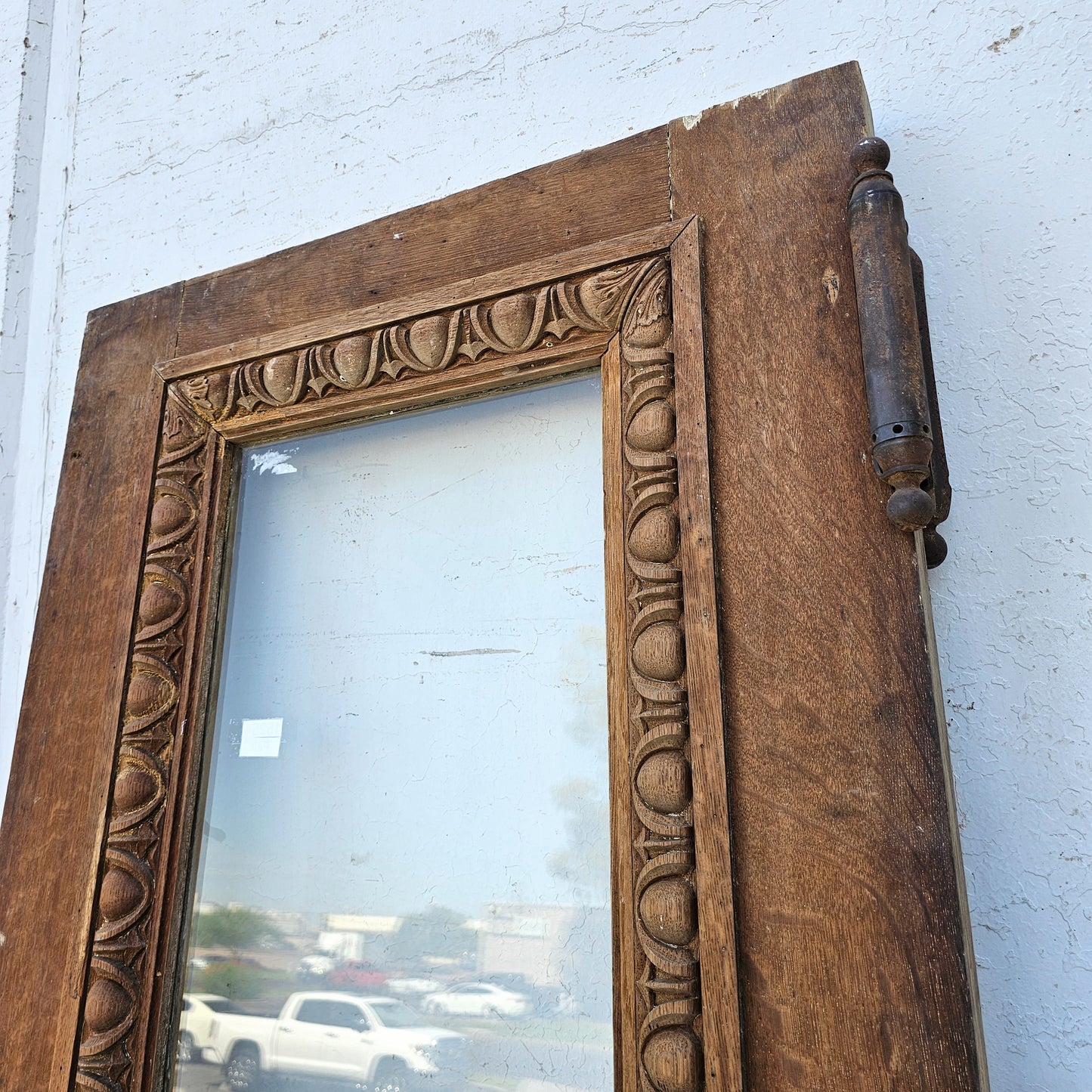 Single Antique Carved Wood and Single Lite Hotel Lobby Door