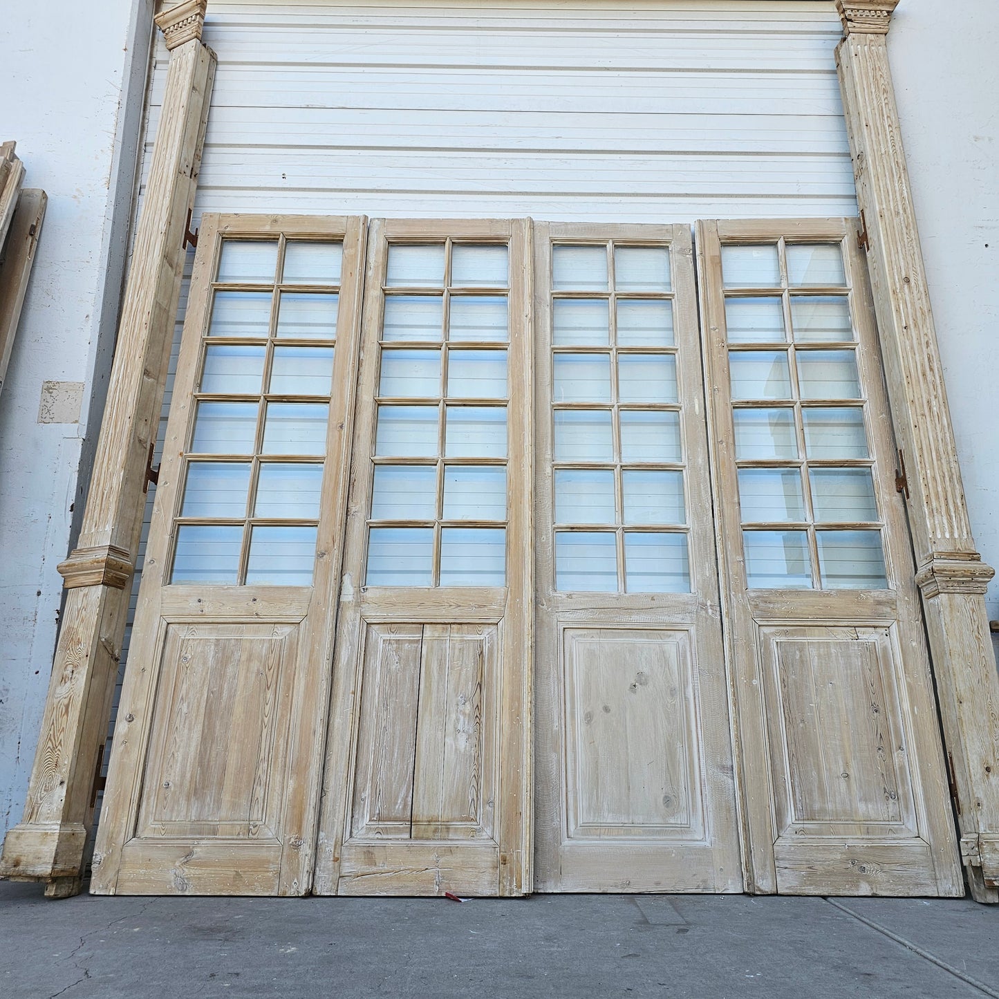 Set of 4 Washed Wood Doors and Transom w/64 Glass Panes