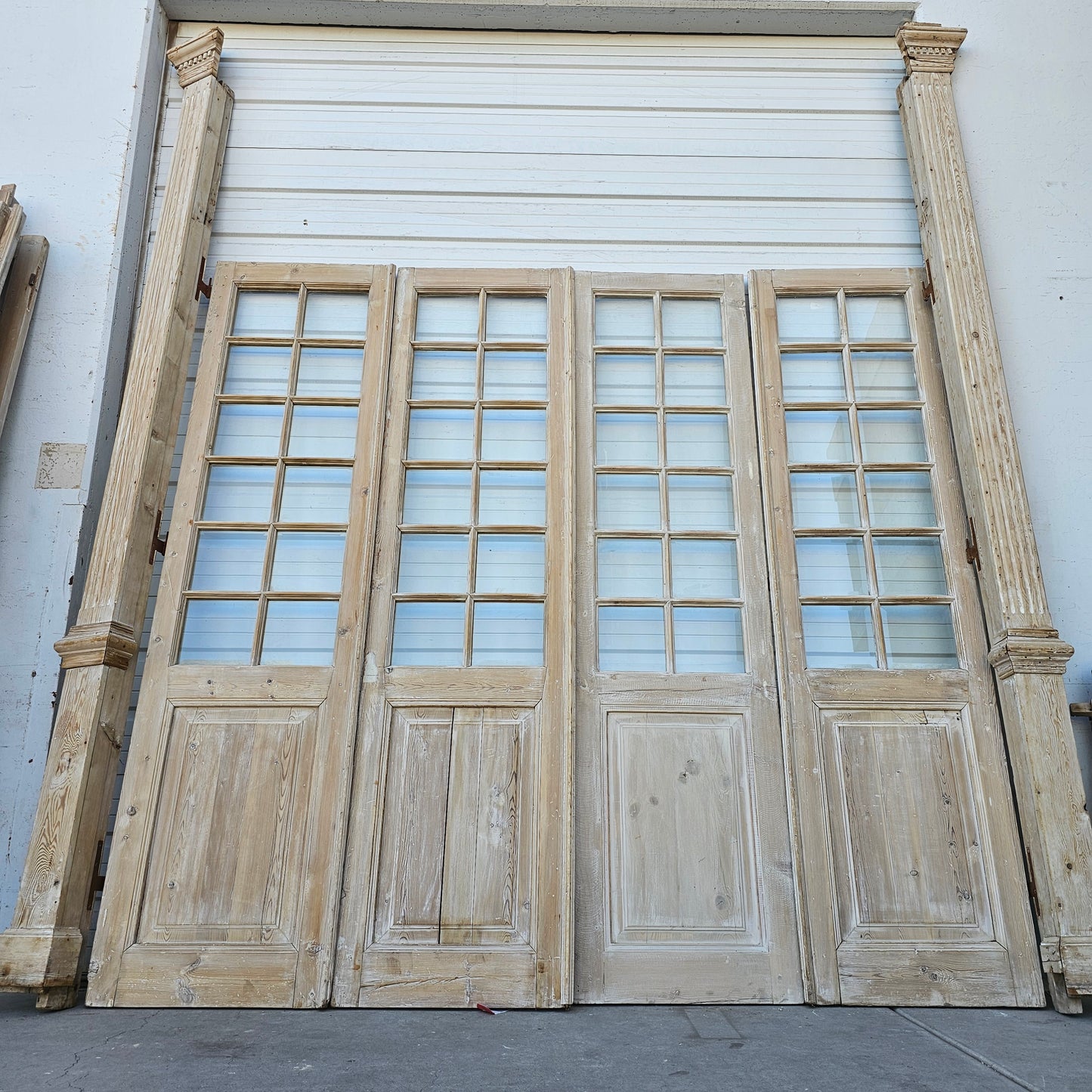 Set of 4 Washed Wood Doors and Transom w/64 Glass Panes