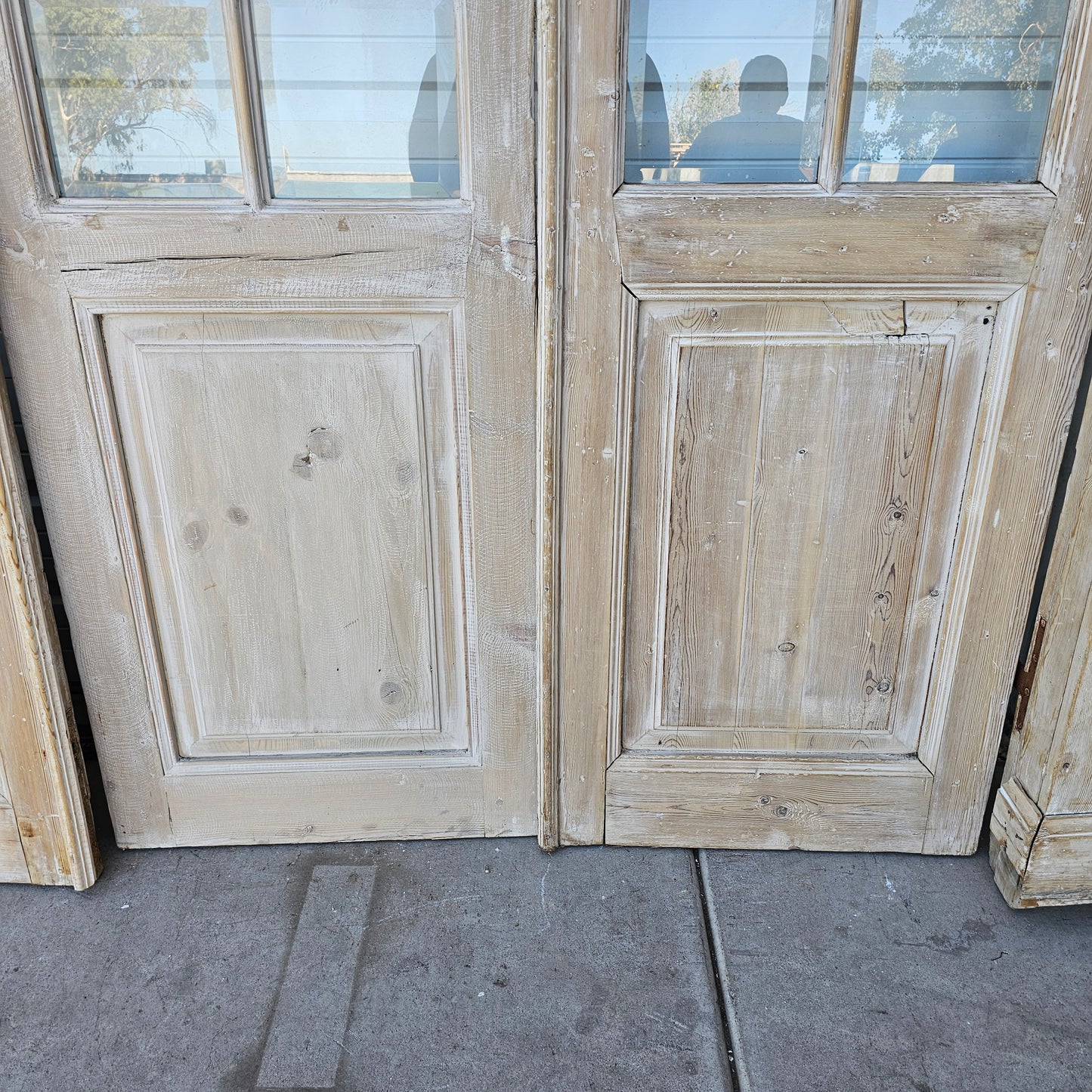 Set of 4 Washed Wood Doors and Transom w/64 Glass Panes