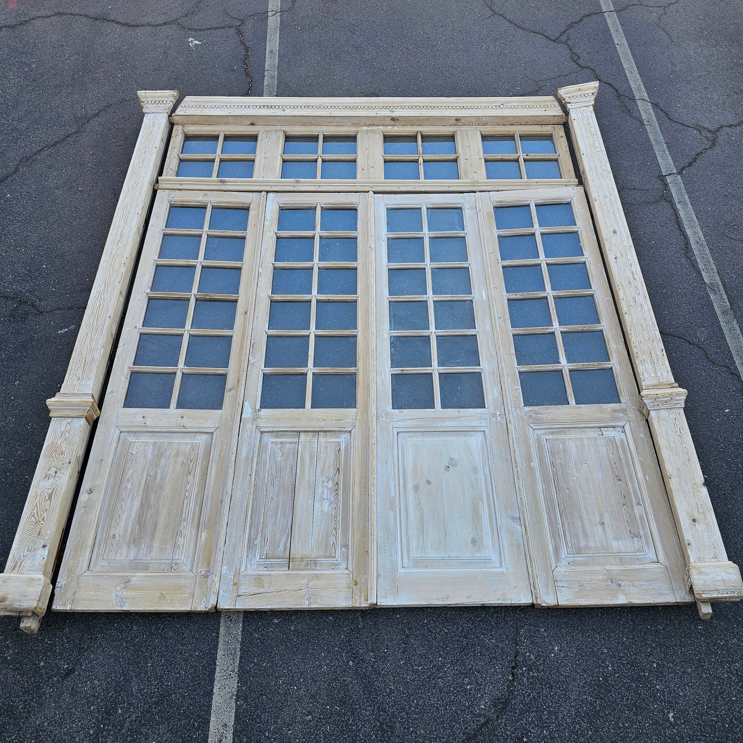 Set of 4 Washed Wood Doors and Transom w/64 Glass Panes