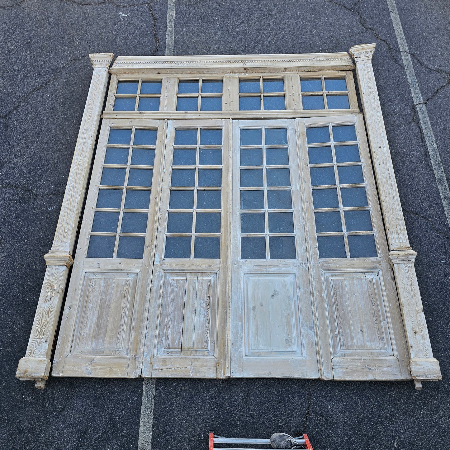 Set of 4 Washed Wood Doors and Transom w/64 Glass Panes