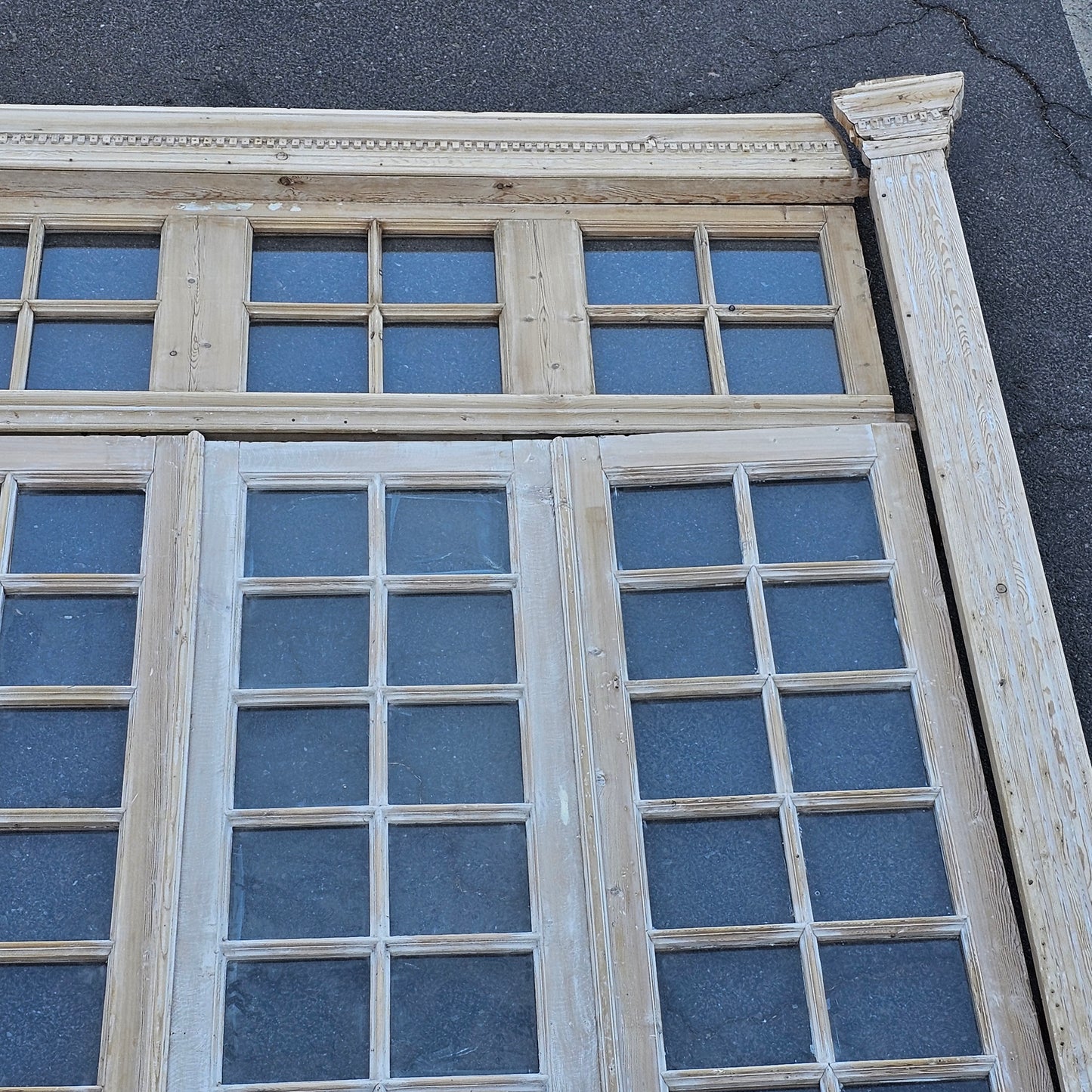 Set of 4 Washed Wood Doors and Transom w/64 Glass Panes