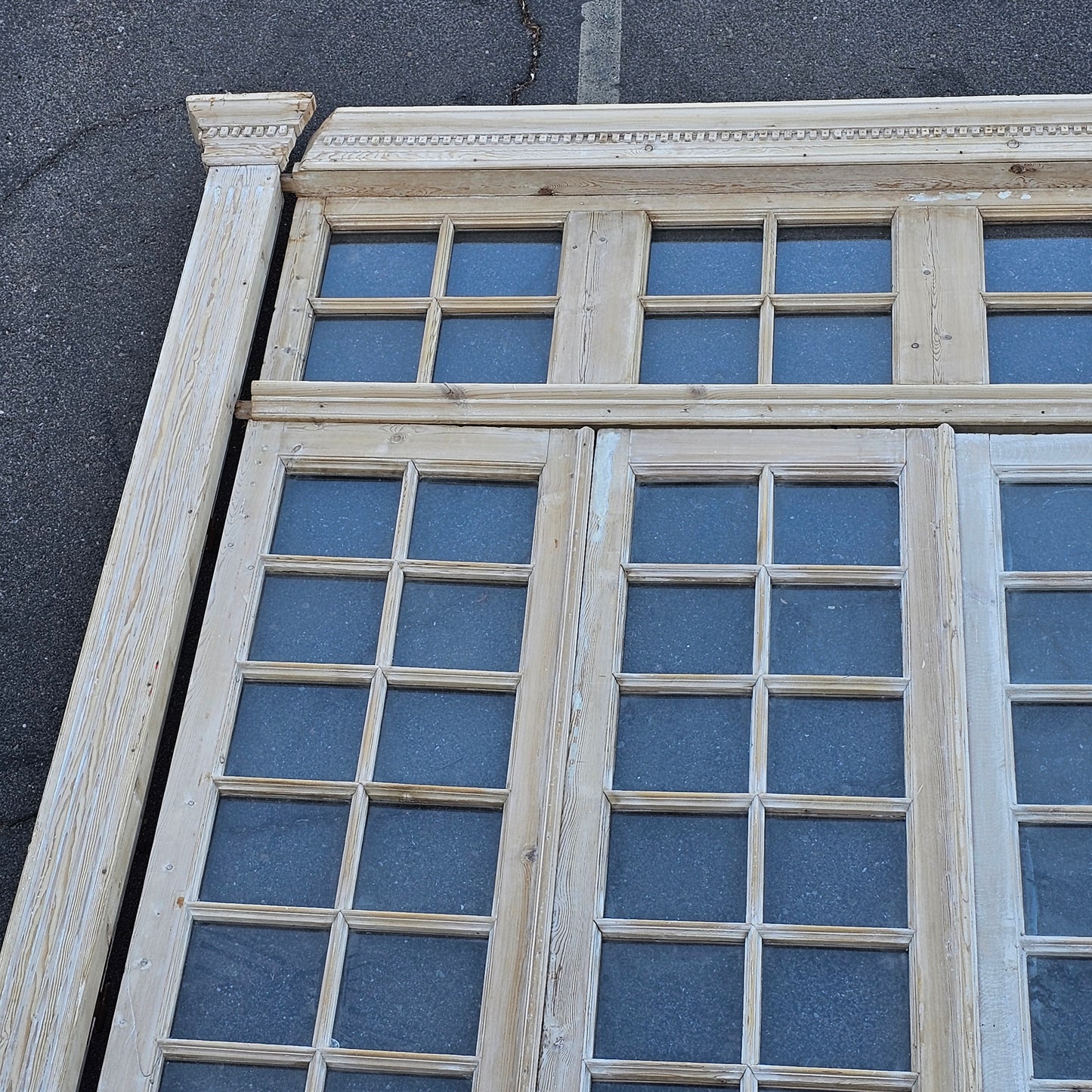 Set of 4 Washed Wood Doors and Transom w/64 Glass Panes