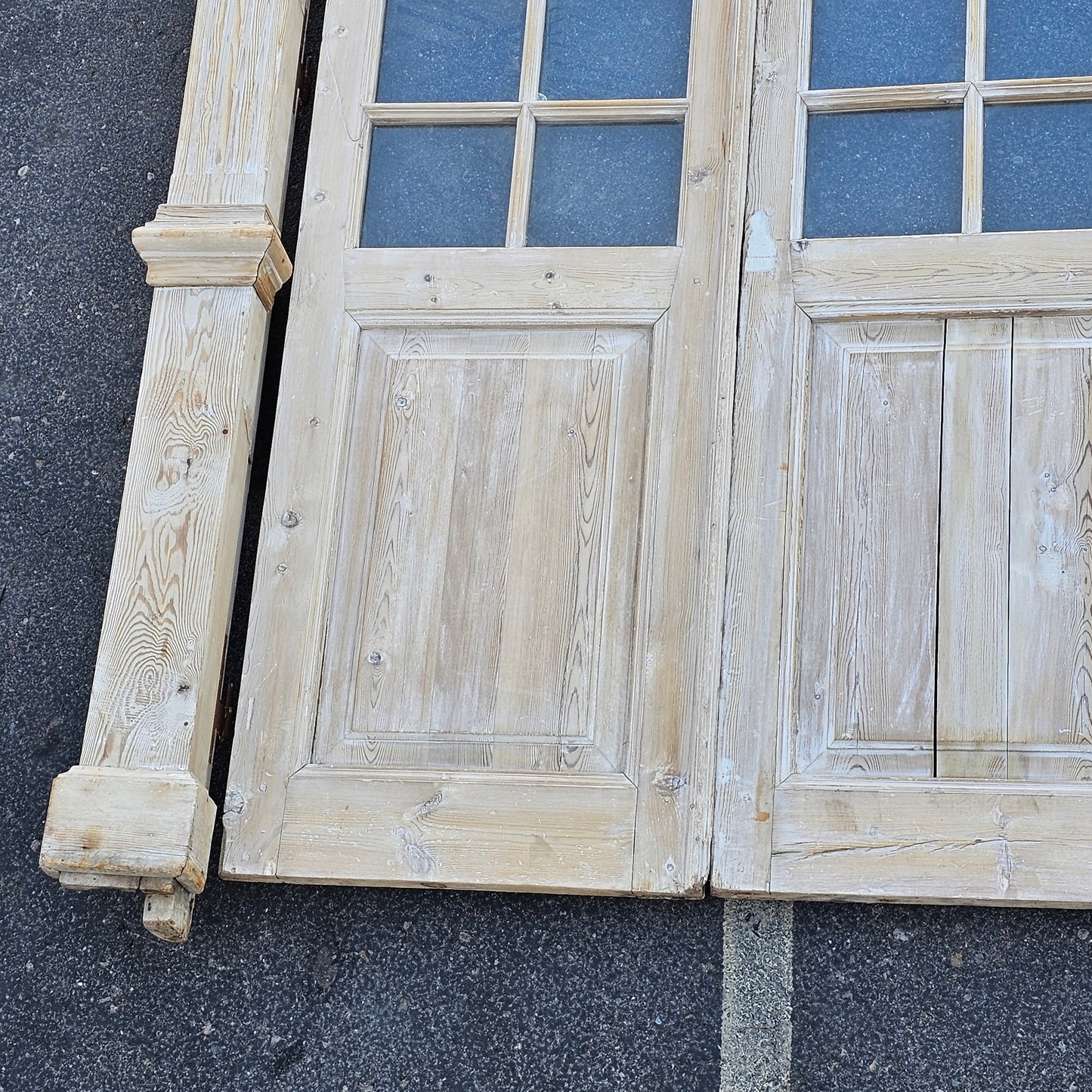 Set of 4 Washed Wood Doors and Transom w/64 Glass Panes