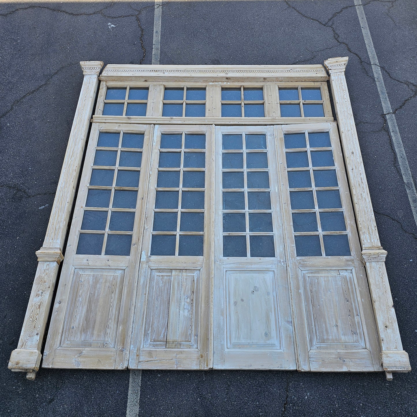 Set of 4 Washed Wood Doors and Transom w/64 Glass Panes