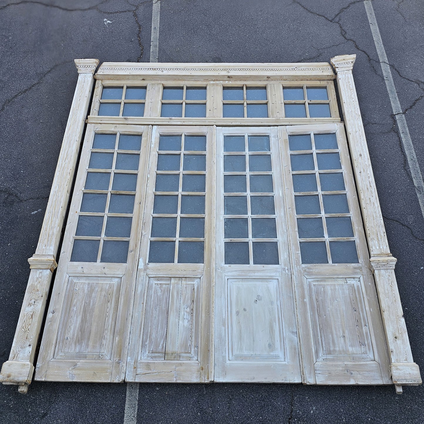 Set of 4 Washed Wood Doors and Transom w/64 Glass Panes