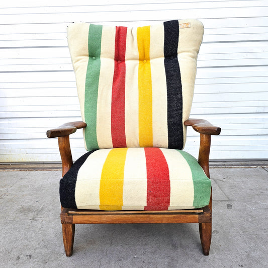 Guillerme et Chambron Grand Repos Chair Recovered with a Vintage Camp Blanket