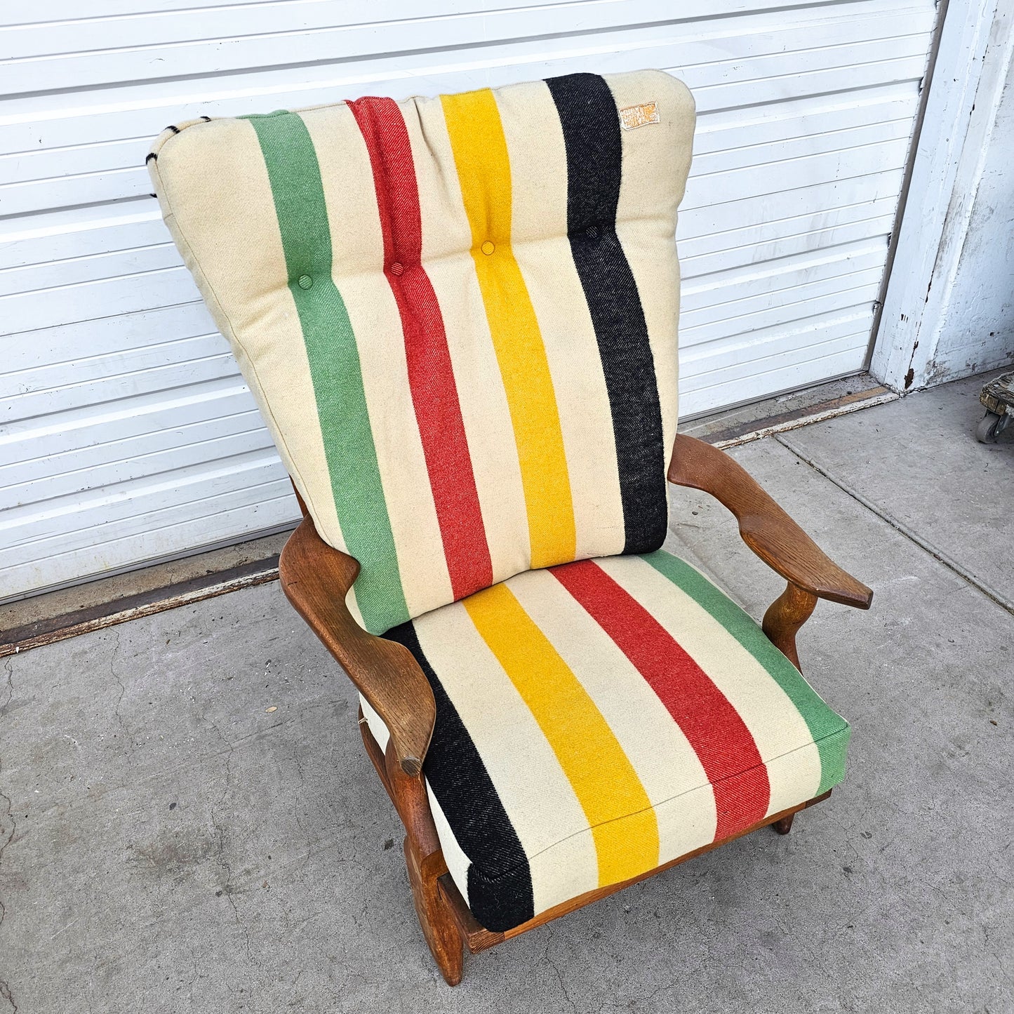 Guillerme et Chambron Grand Repos Chair Recovered with a Vintage Camp Blanket