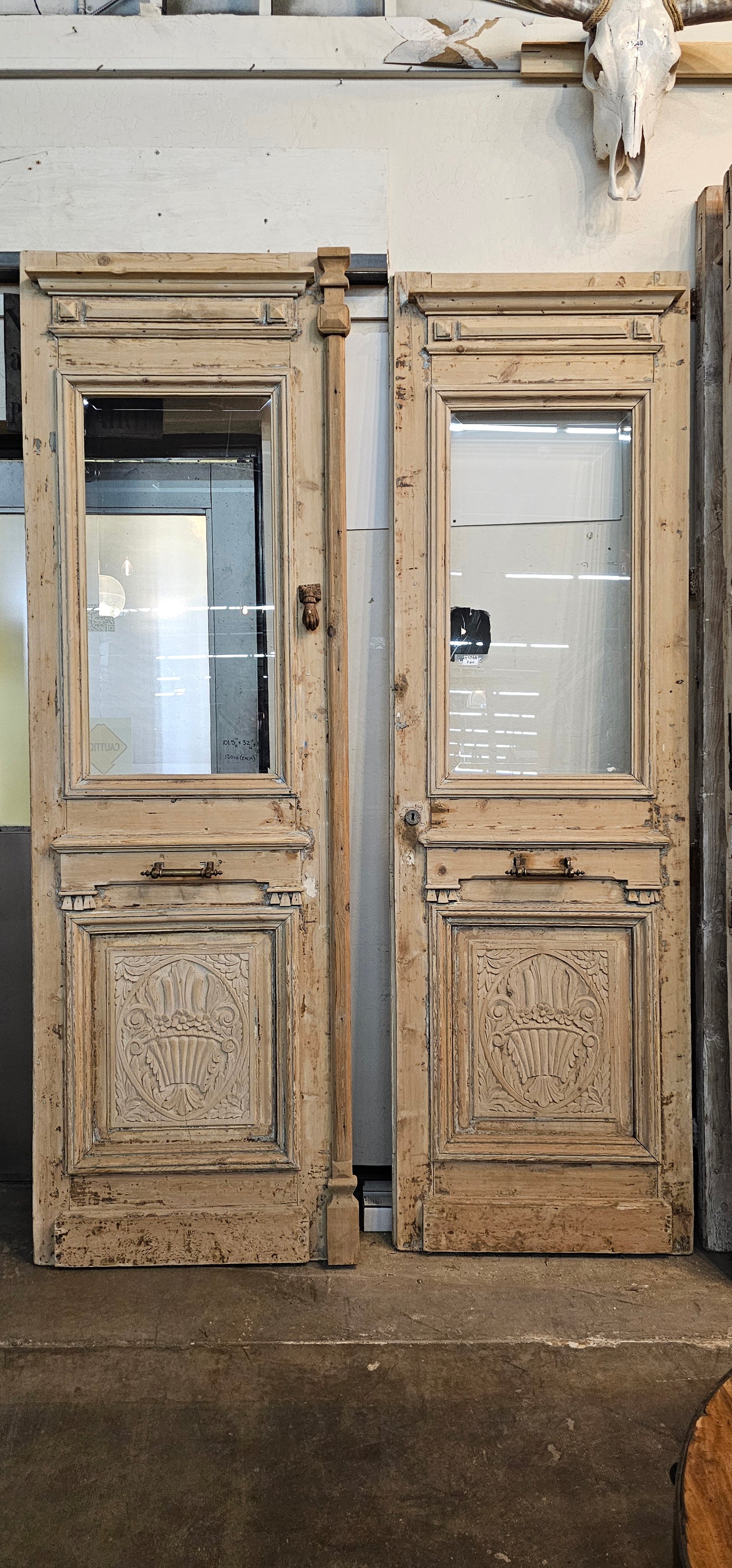 Pair of Wood Antique Carved Doors with Single Glass Lites