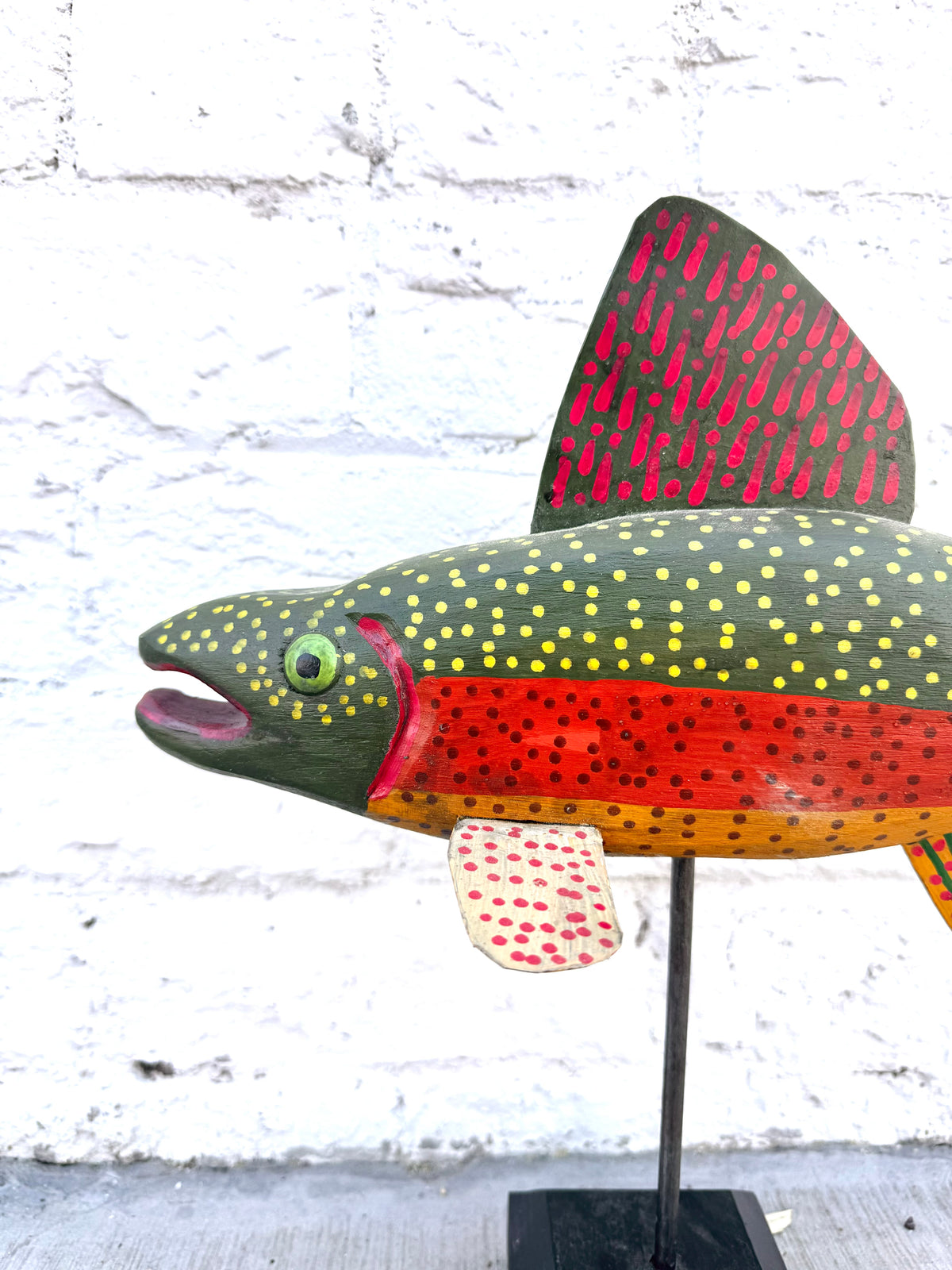 Hand-Carved Folk Art Brook Trout Sculpture on Stand