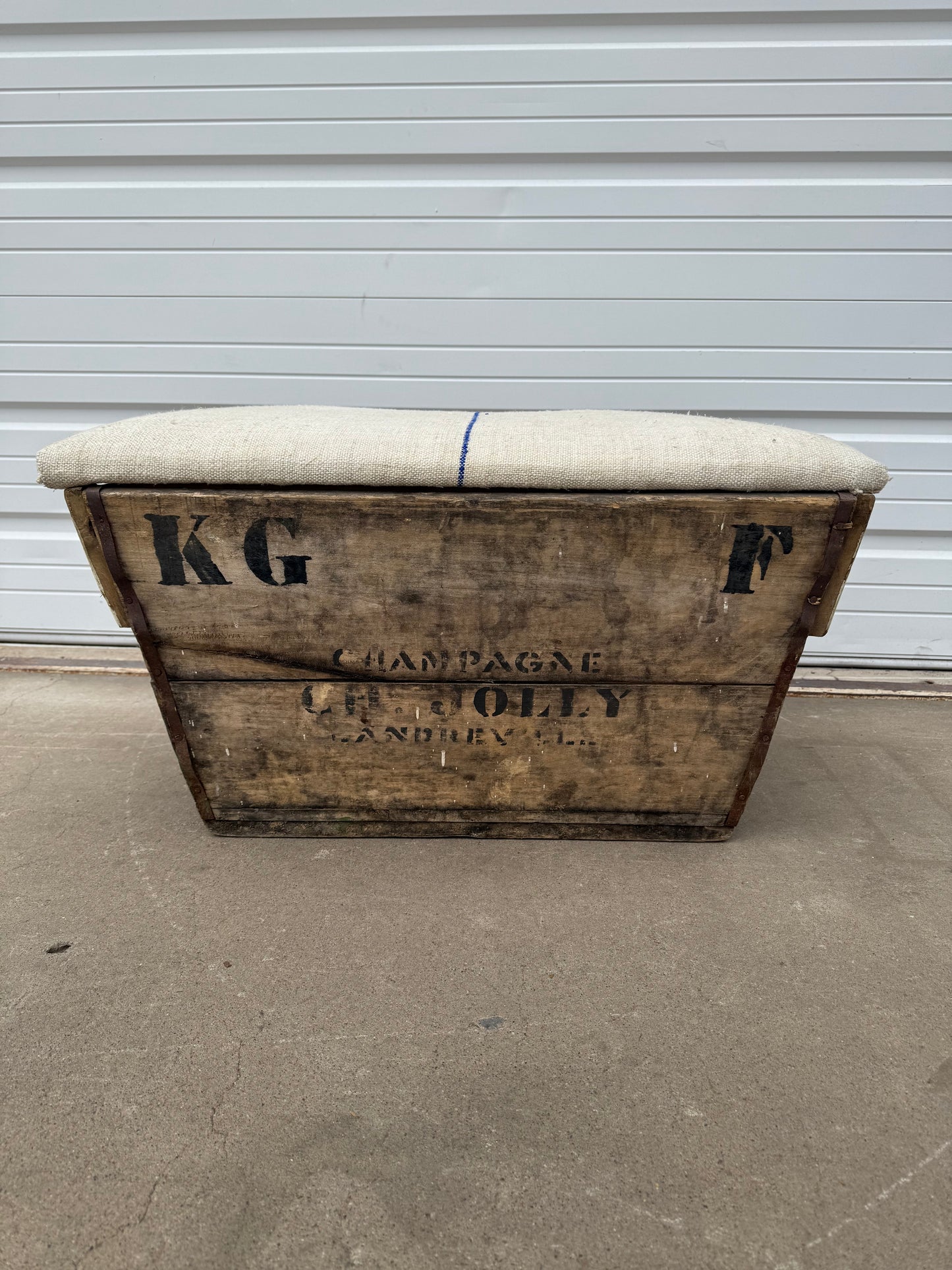 Champagne Crate Ottoman with Grain Sack Top