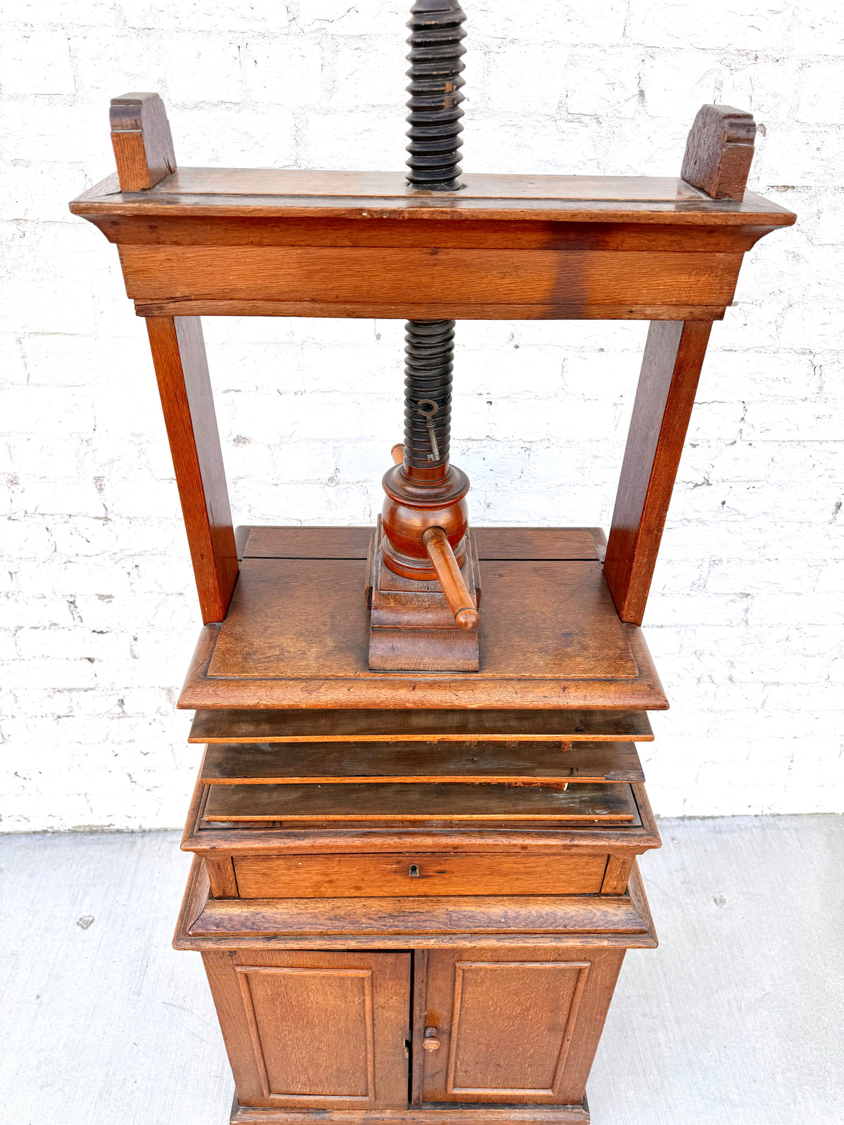 Antique Oak Screw Bookbinder Press with Cabinet Base