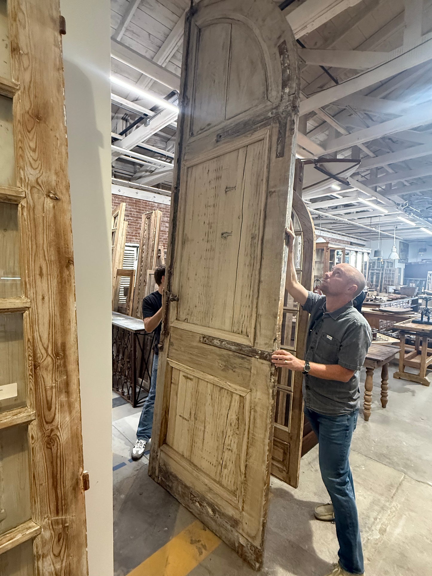 Pair of Washed Antique Wood 3 Panel Arched Doors