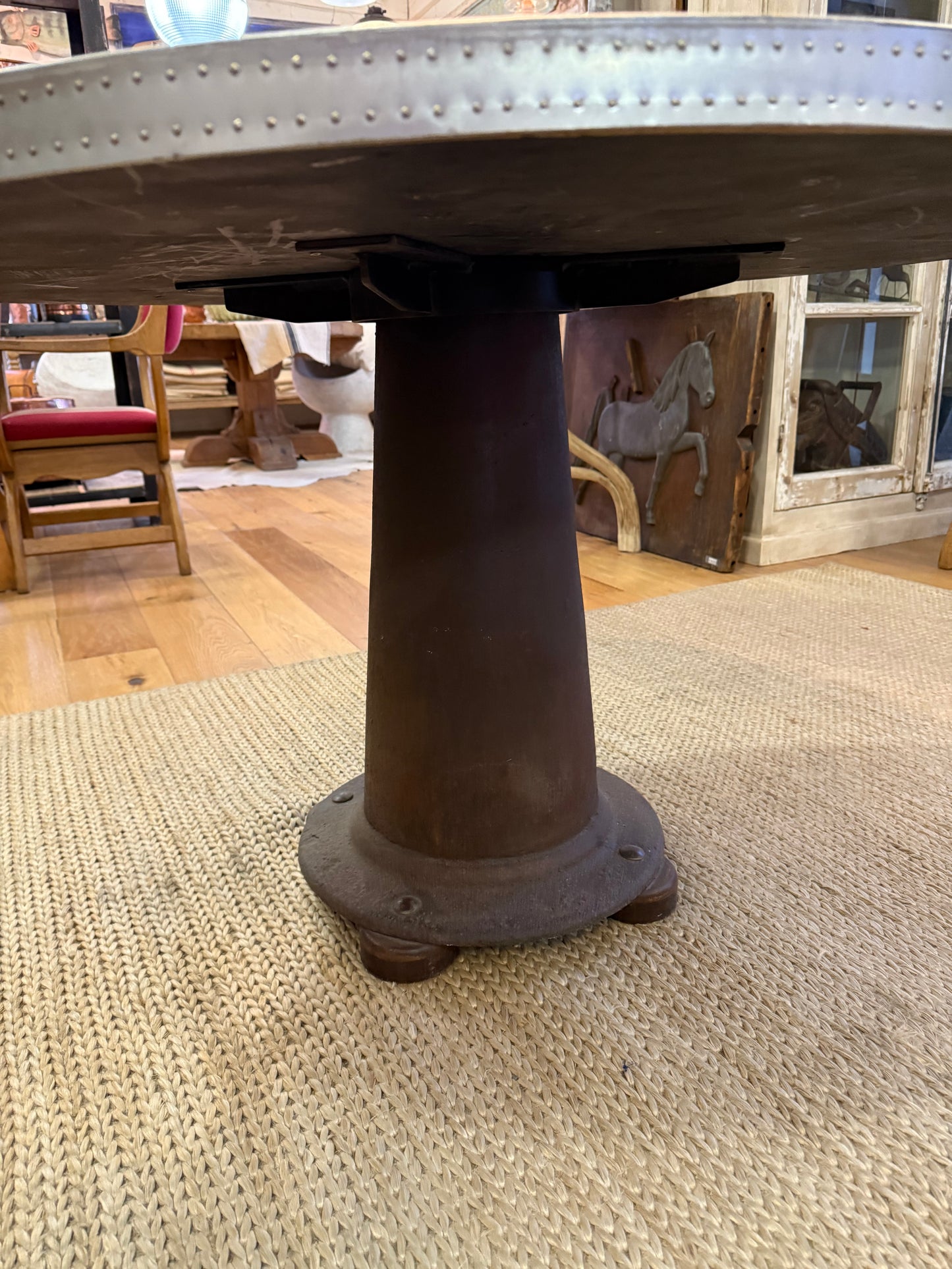 Table with Round Riveted Top and Industrial Iron Base