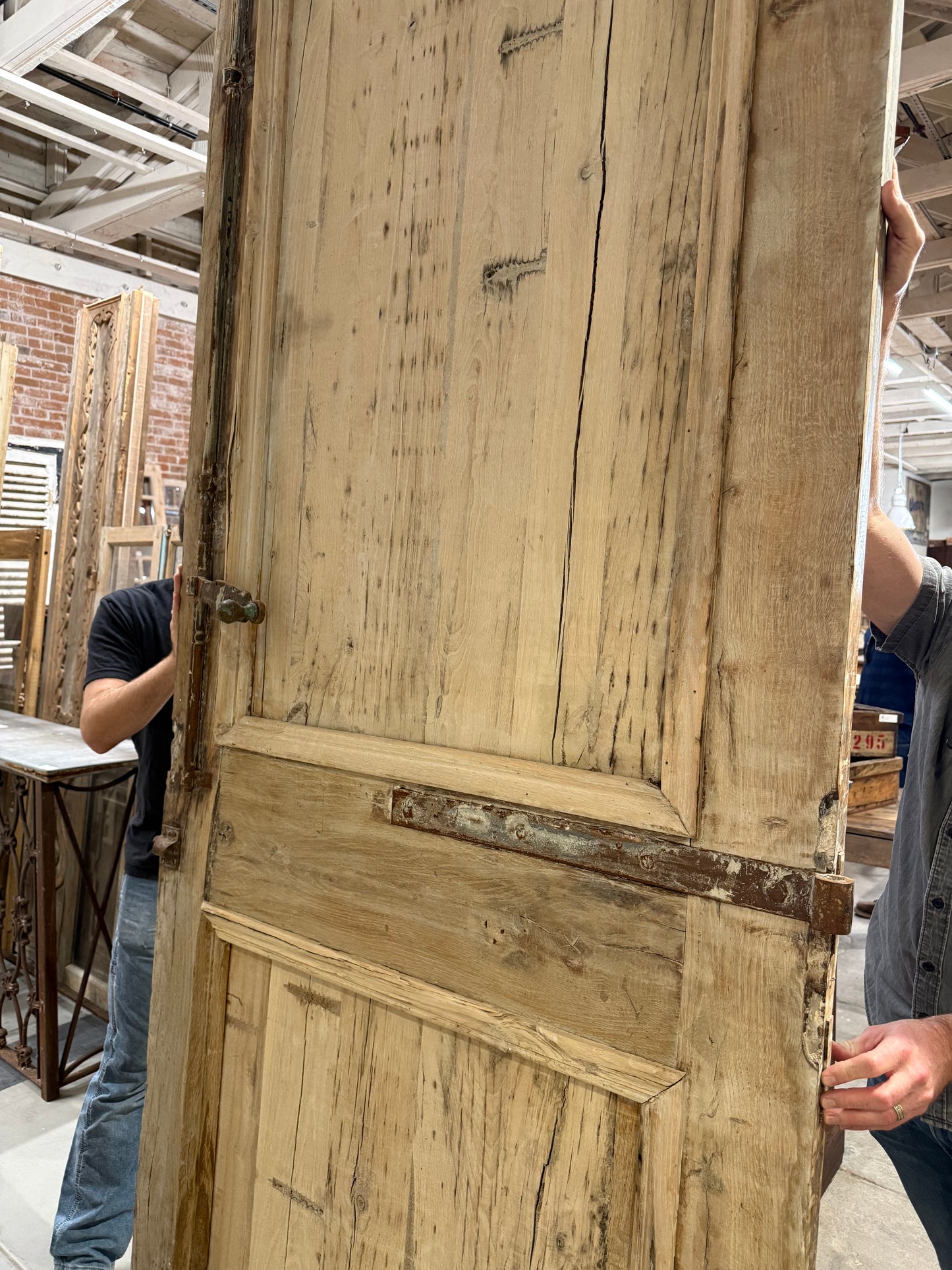 Pair of Washed Antique Wood 3 Panel Arched Doors