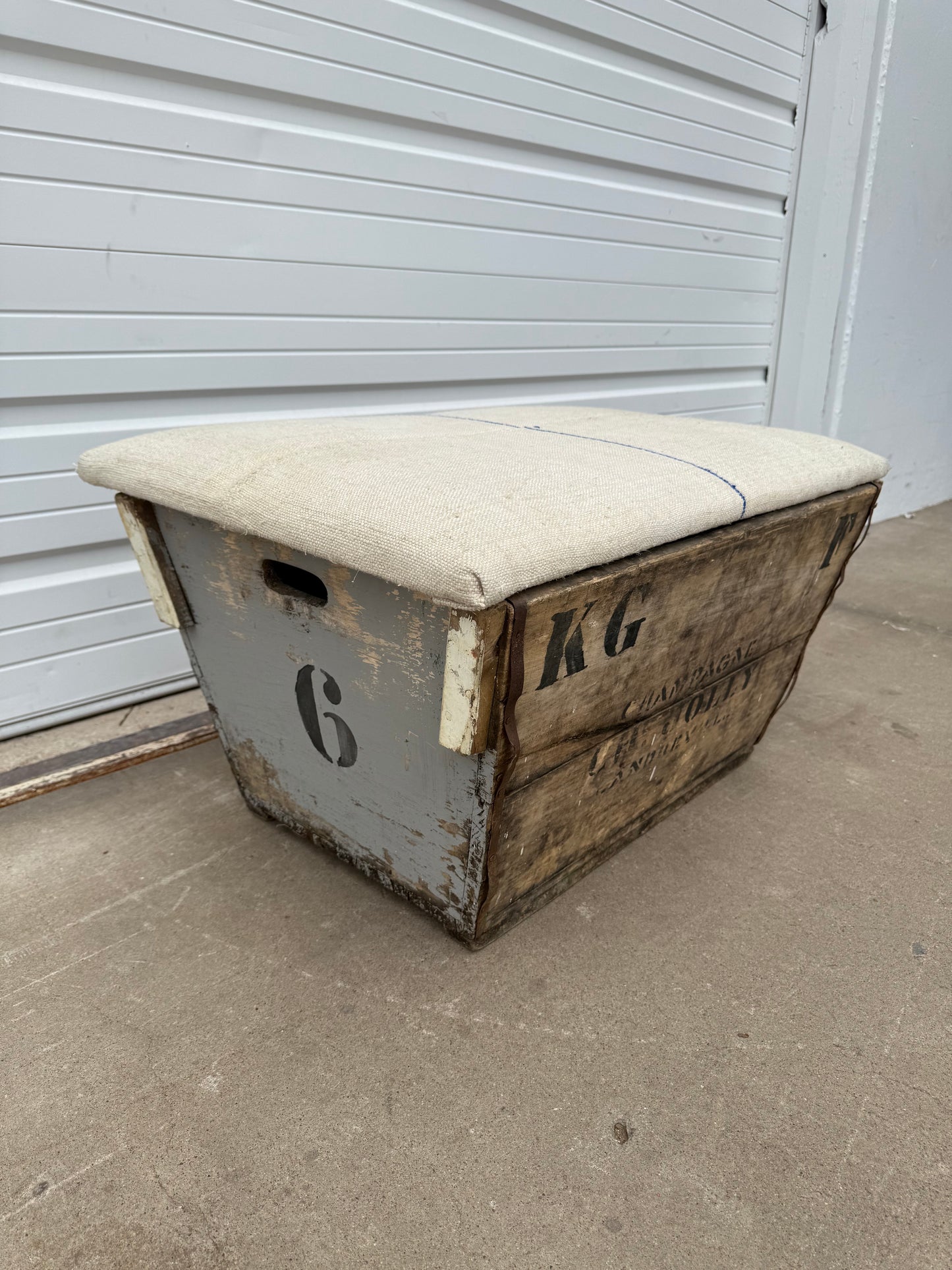 Champagne Crate Ottoman with Grain Sack Top