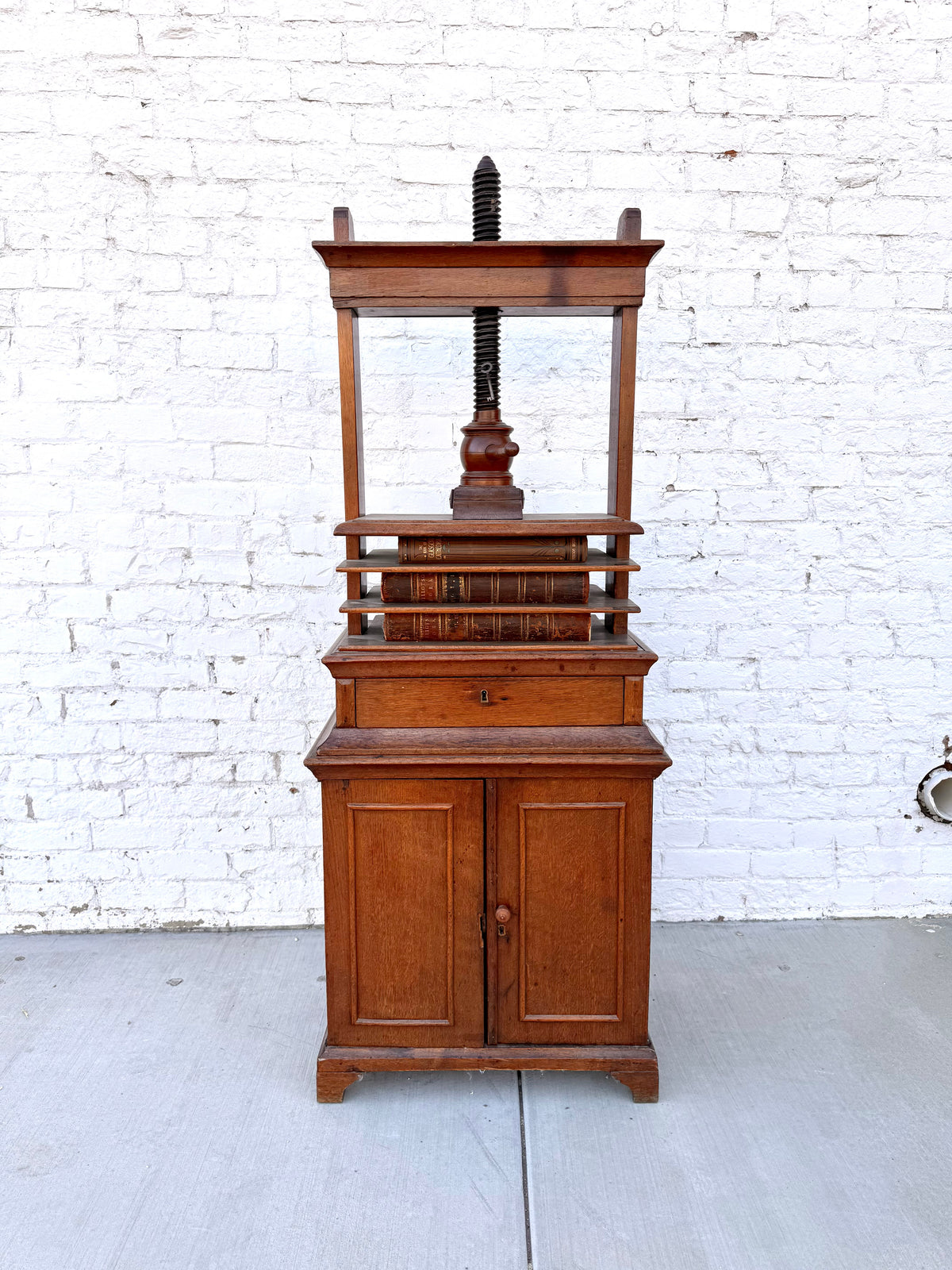 Antique Oak Screw Bookbinder Press with Cabinet Base