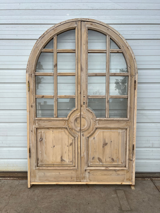 Pair of Arched Wood Doors w/16 Glass Panes in Jamb