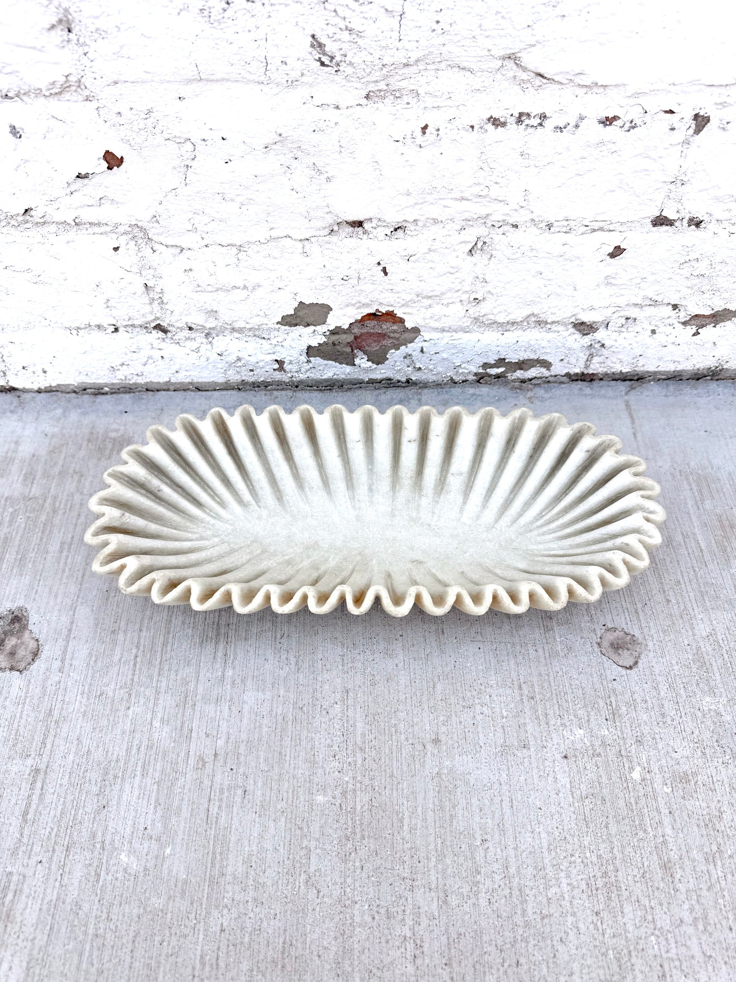 White Oblong Marble Ruffle Bowl