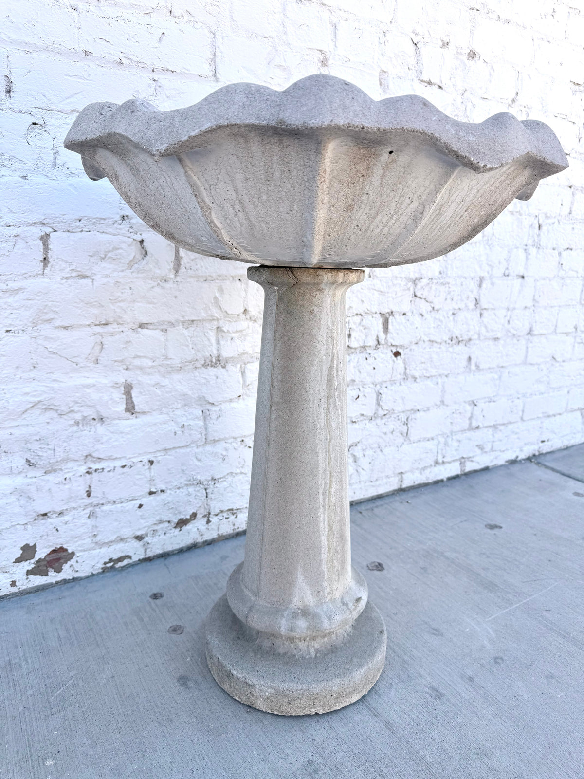 Vintage Scalloped Pedestal Concrete Bird Bath
