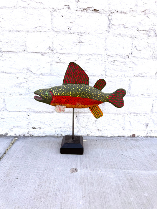 Hand-Carved Folk Art Brook Trout Sculpture on Stand
