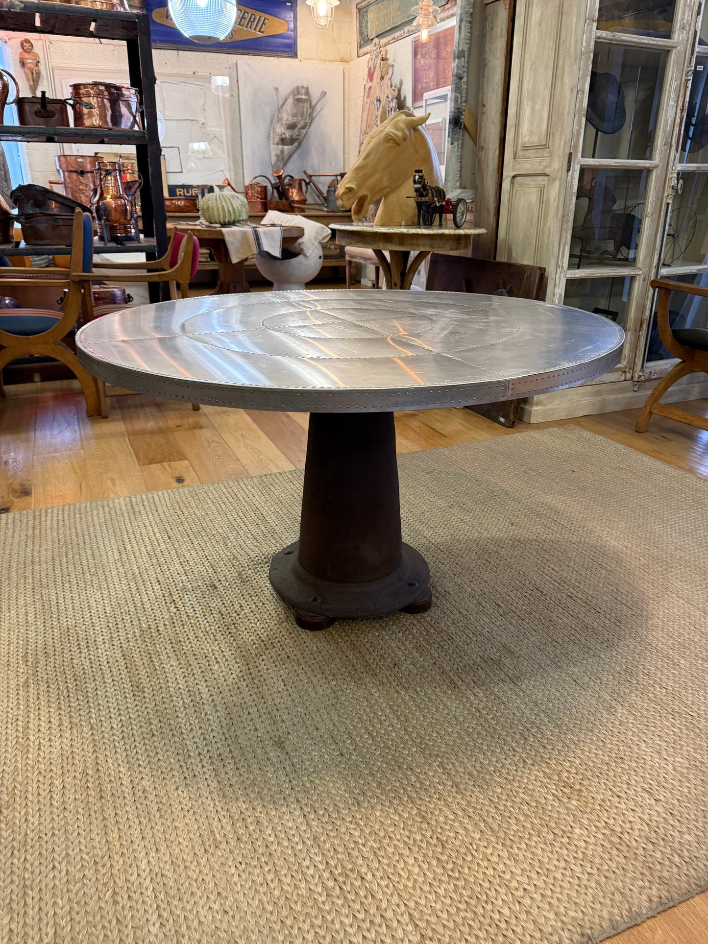 Table with Round Riveted Top and Industrial Iron Base