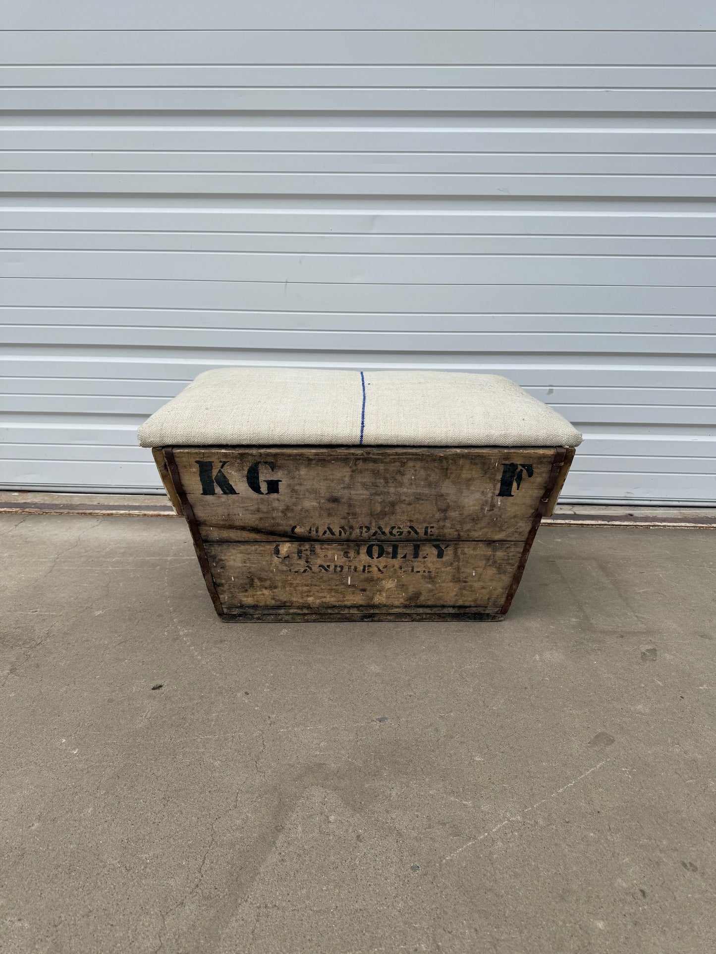 Champagne Crate Ottoman with Grain Sack Top
