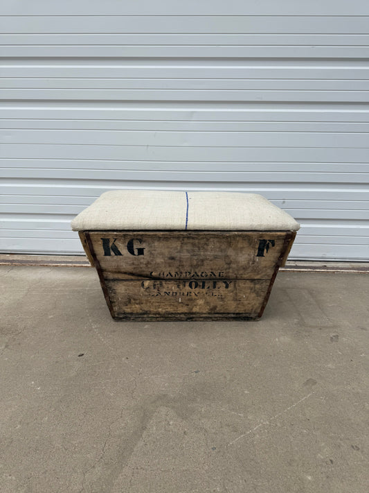 Champagne Crate Ottoman with Grain Sack Top