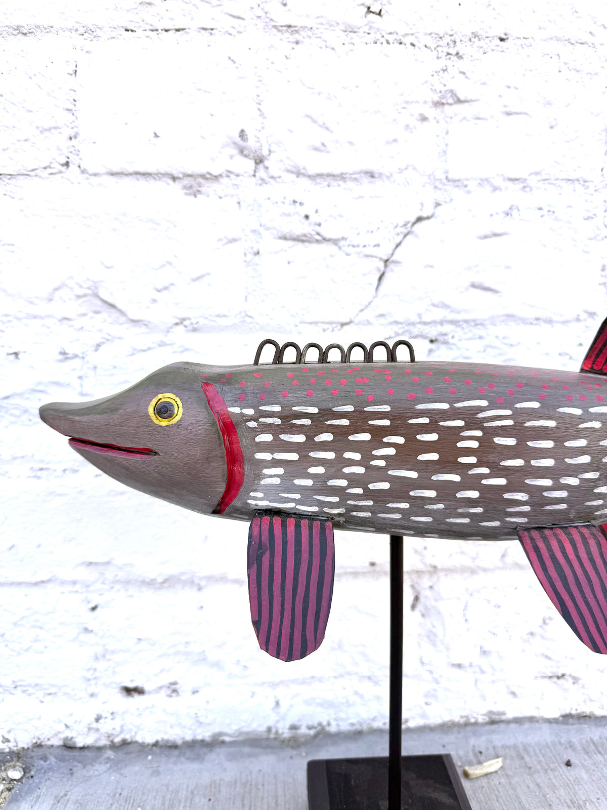 Hand-Carved Folk Art Northern Pike Fish Sculpture on Stand