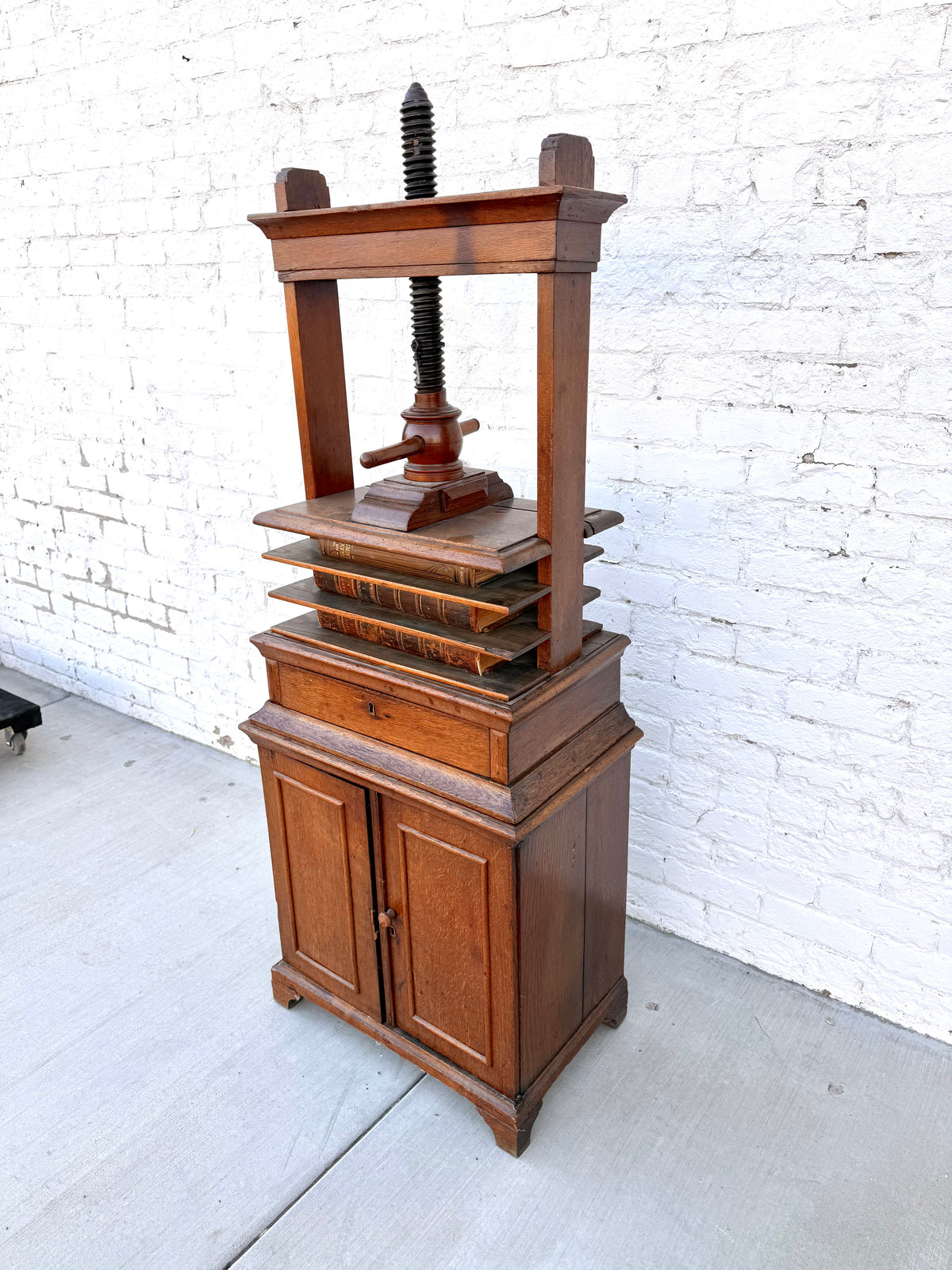 Antique Oak Screw Bookbinder Press with Cabinet Base