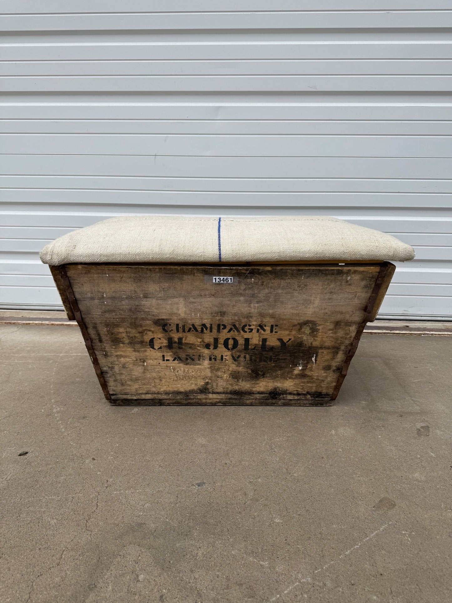 Champagne Crate Ottoman with Grain Sack Top
