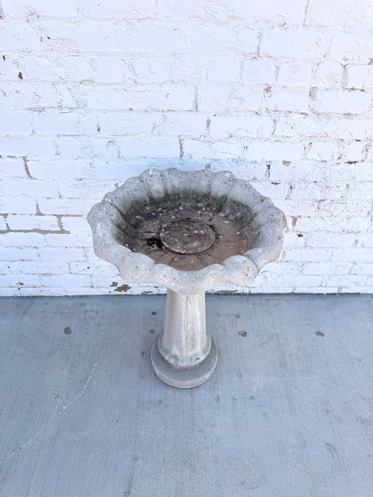 Vintage Scalloped Pedestal Concrete Bird Bath