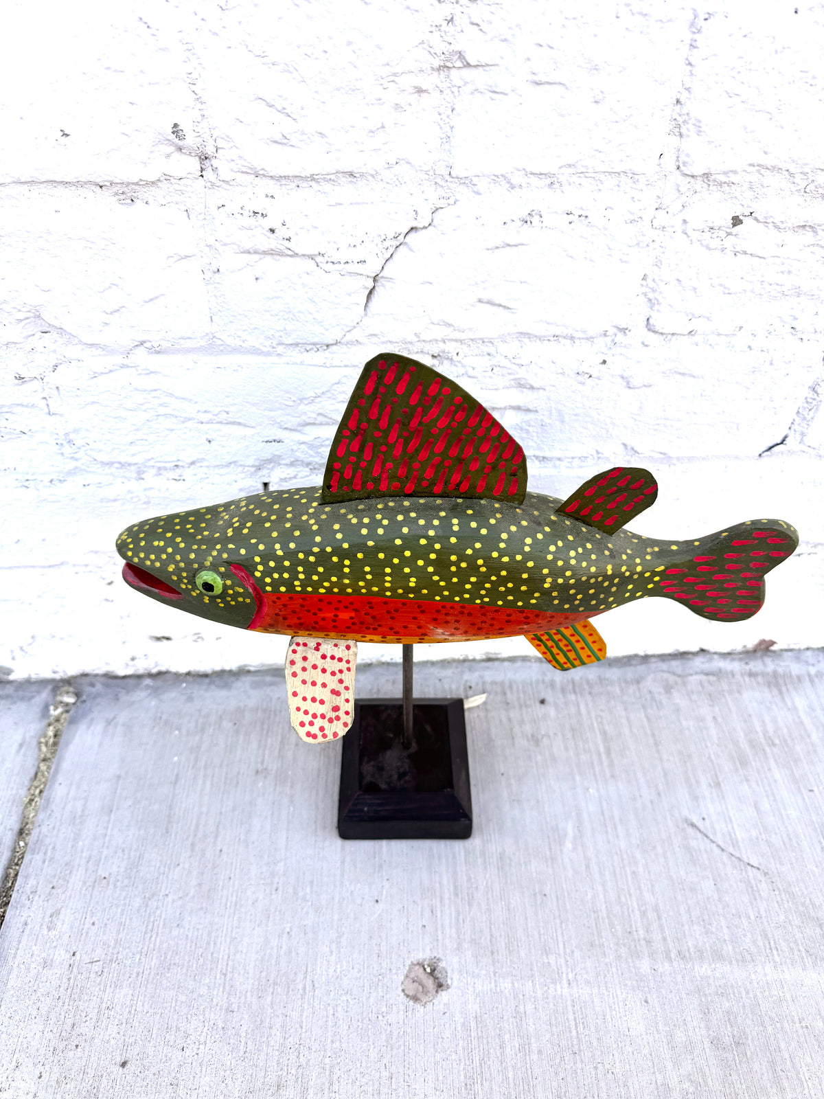 Hand-Carved Folk Art Brook Trout Sculpture on Stand