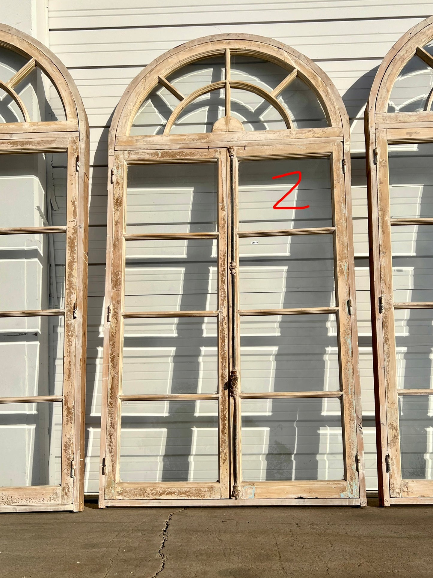 Pair of Washed Doors/Windows with w/8 Lites and Arched Transom