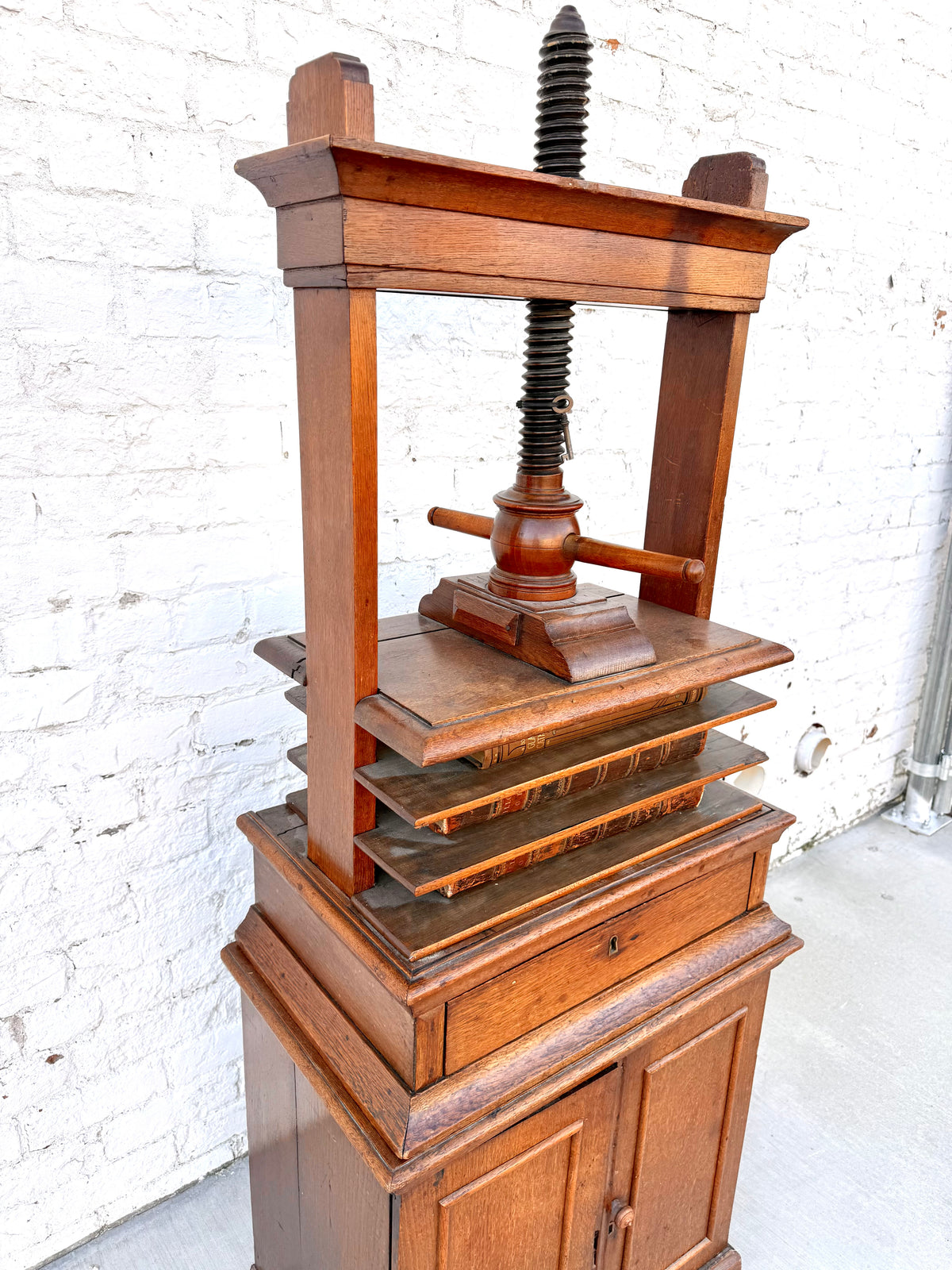 Antique Oak Screw Bookbinder Press with Cabinet Base
