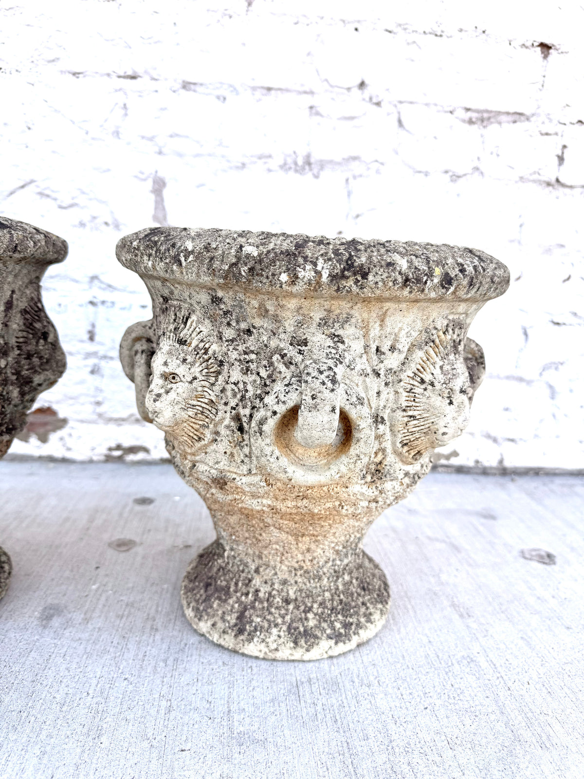 Pair of English Garden Urns w/ Lion Heads