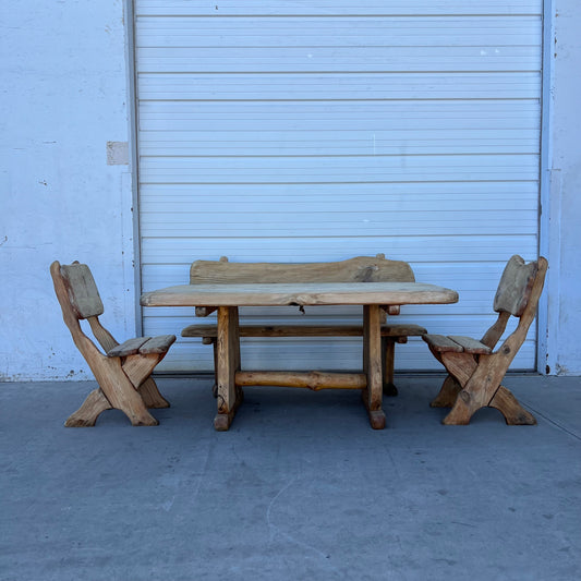 Brutalist Primitive Wood Dining Table w/2 Benches and 2 Chairs, C. France 1910