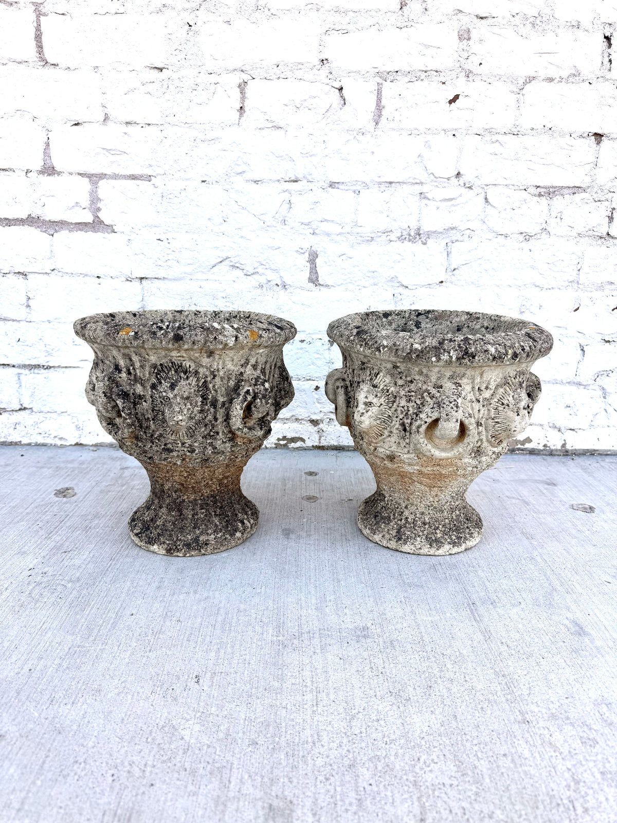 Pair of English Garden Urns w/ Lion Heads