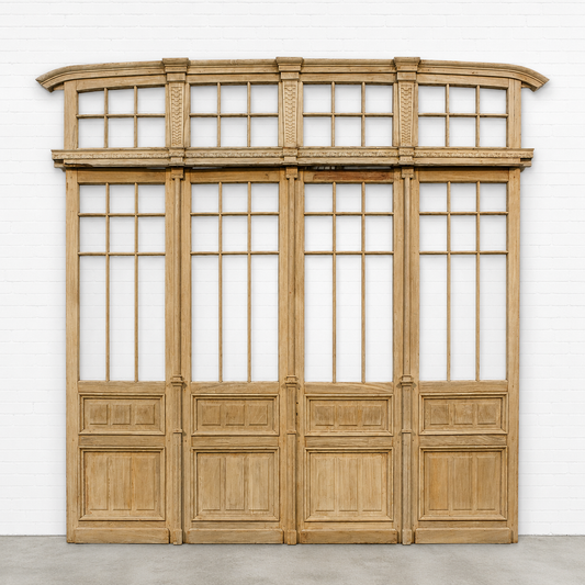 Set of 4 two Panel 12 Lite Natural Wood French Doors with Transom
