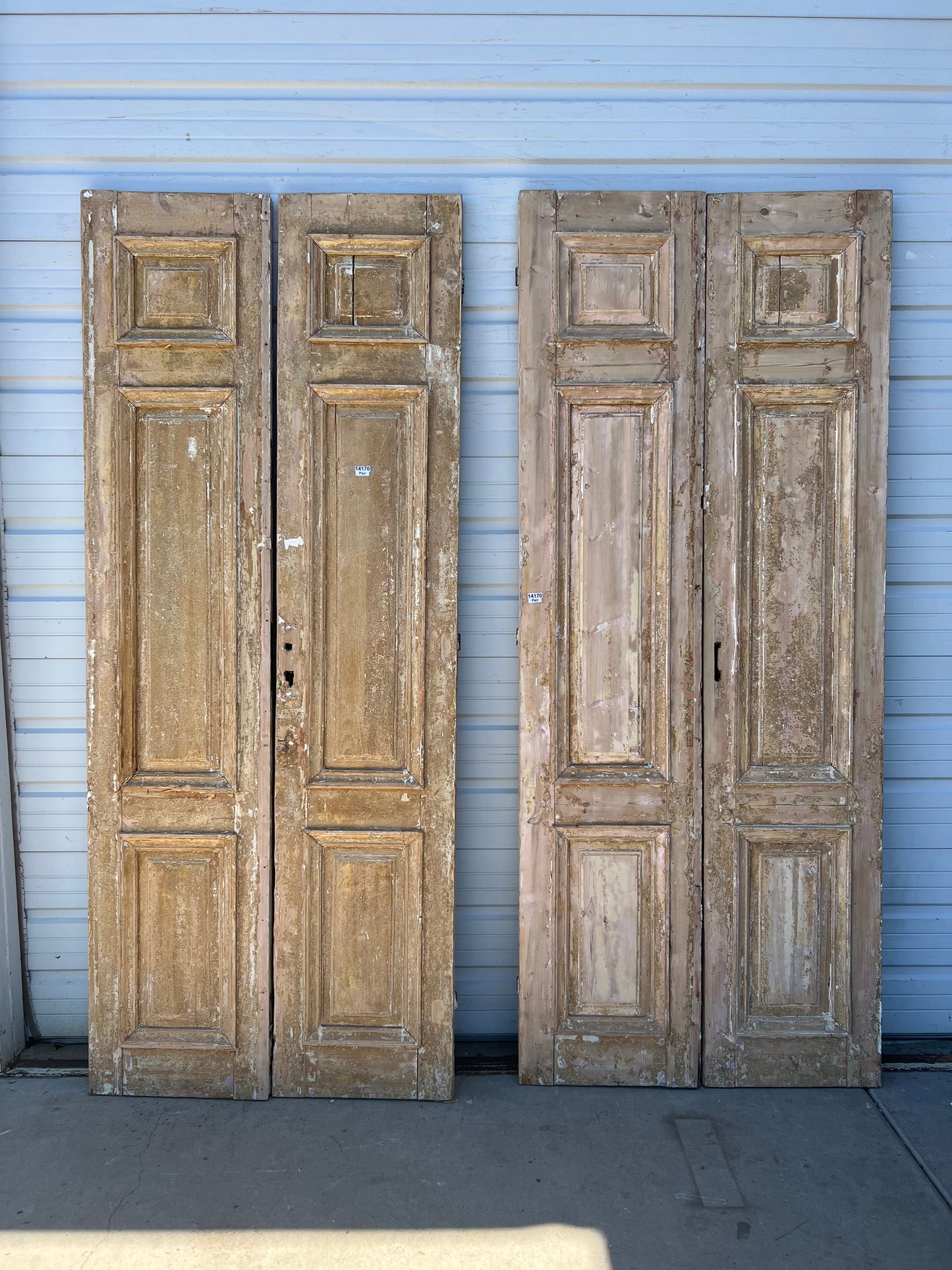 Pair of Washed Antique Solid Wood 3-Panel French Doors