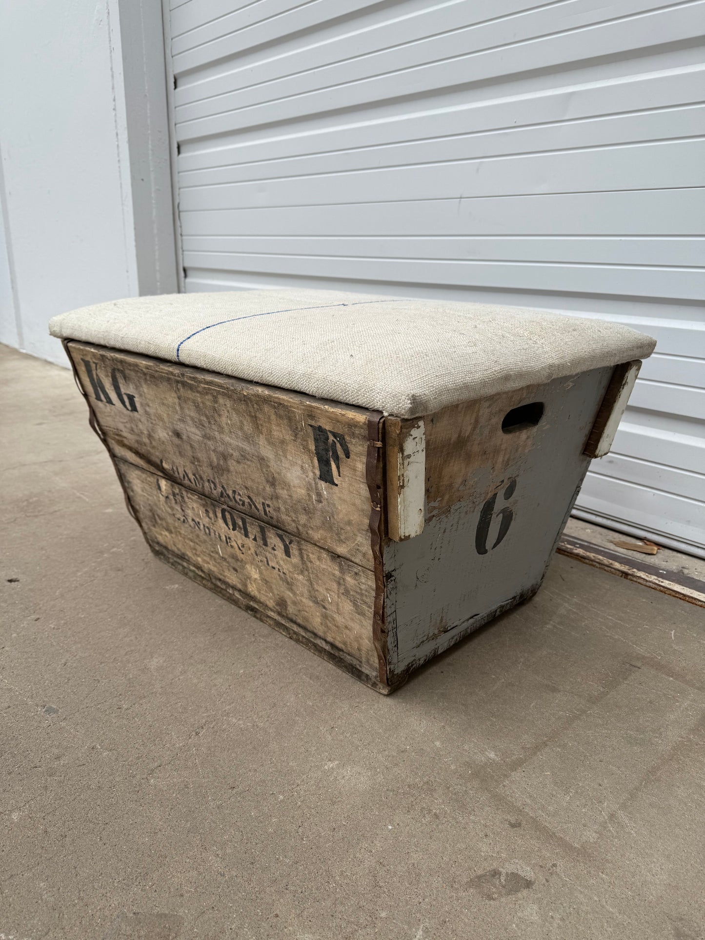 Champagne Crate Ottoman with Grain Sack Top