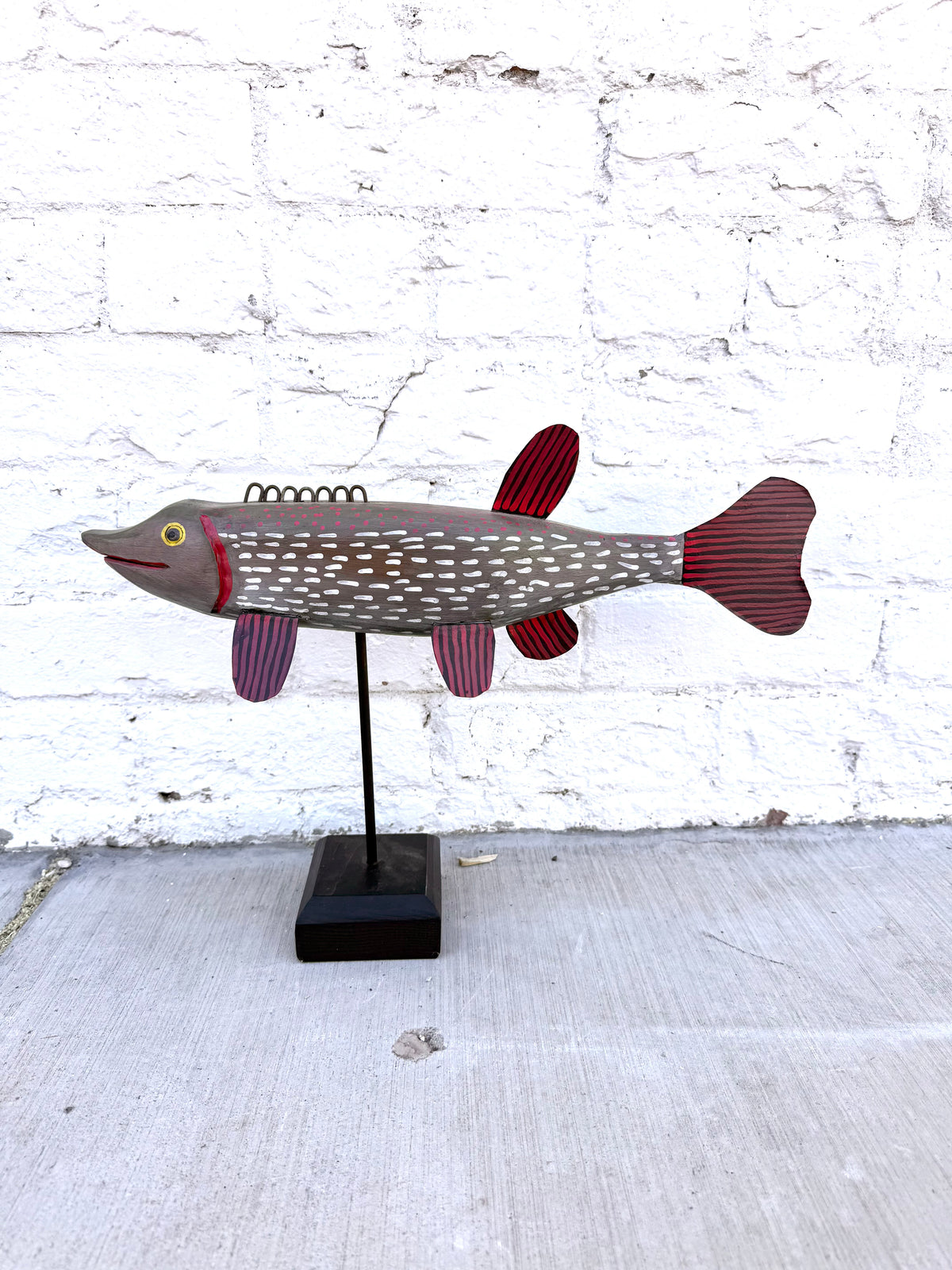 Hand-Carved Folk Art Northern Pike Fish Sculpture on Stand