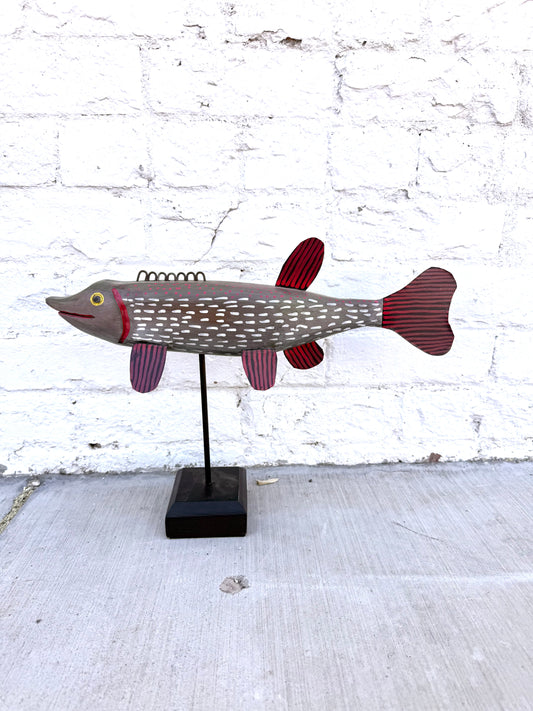 Hand-Carved Folk Art Northern Pike Fish Sculpture on Stand