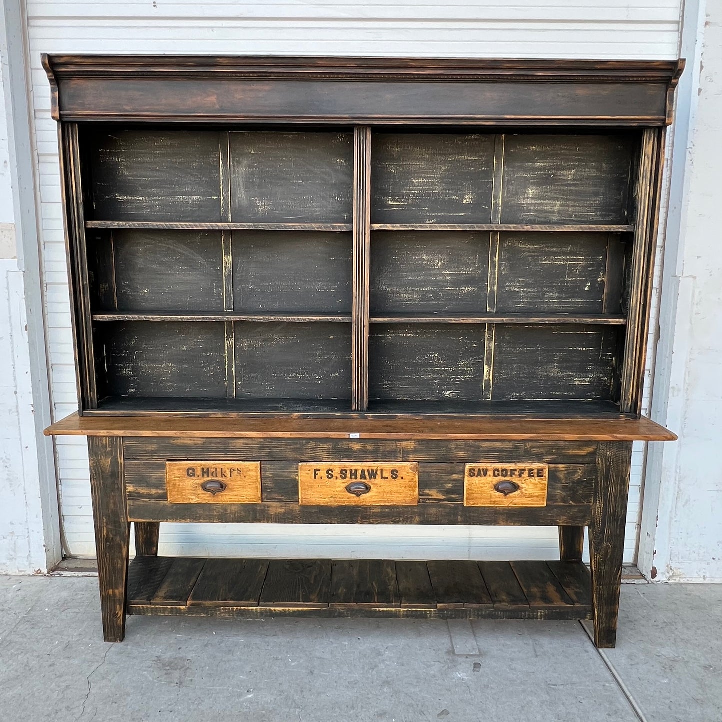 Black Painted General Store Two Piece Display Cabinet