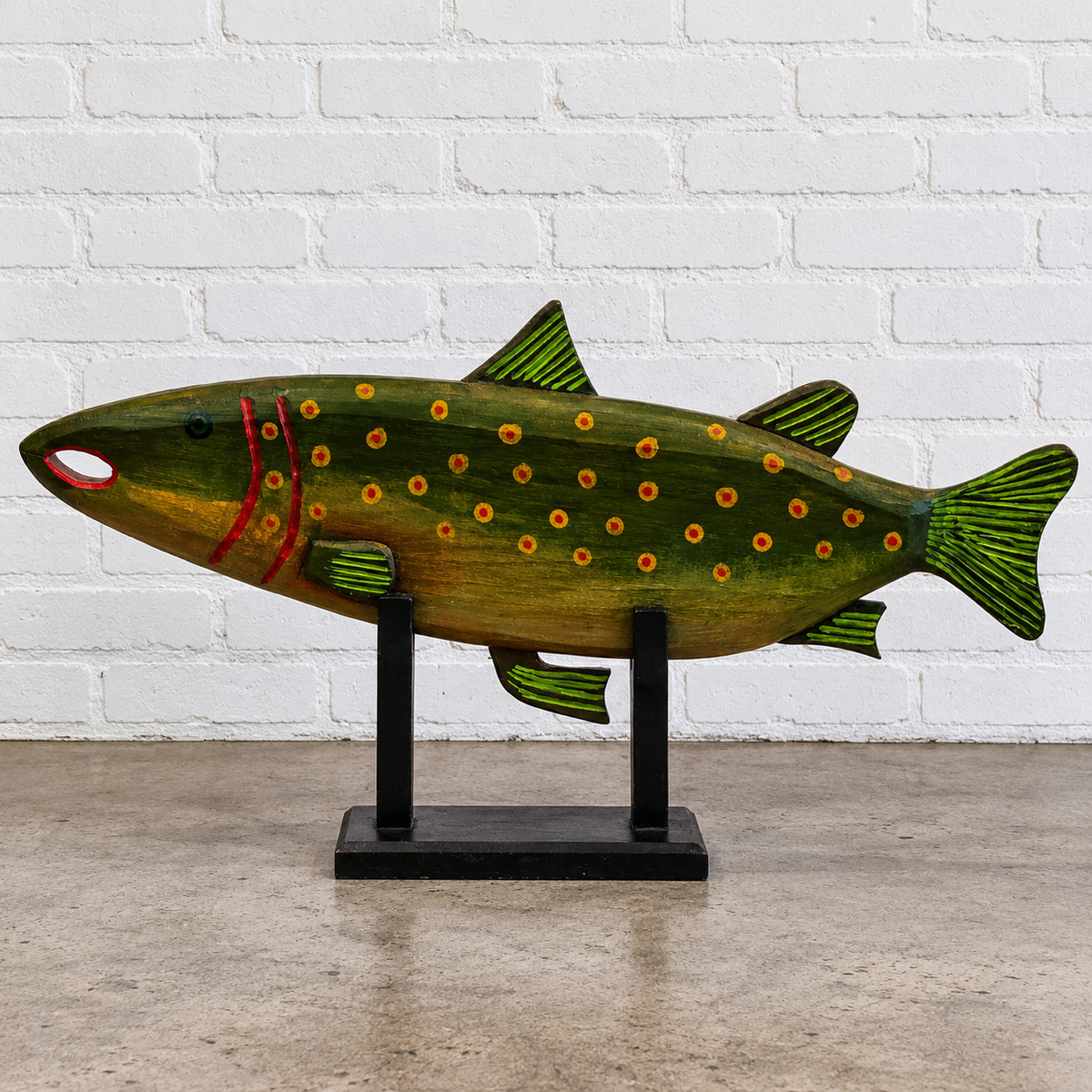 Hand-Carved Folk Art Brook Trout Sculpture on Stand