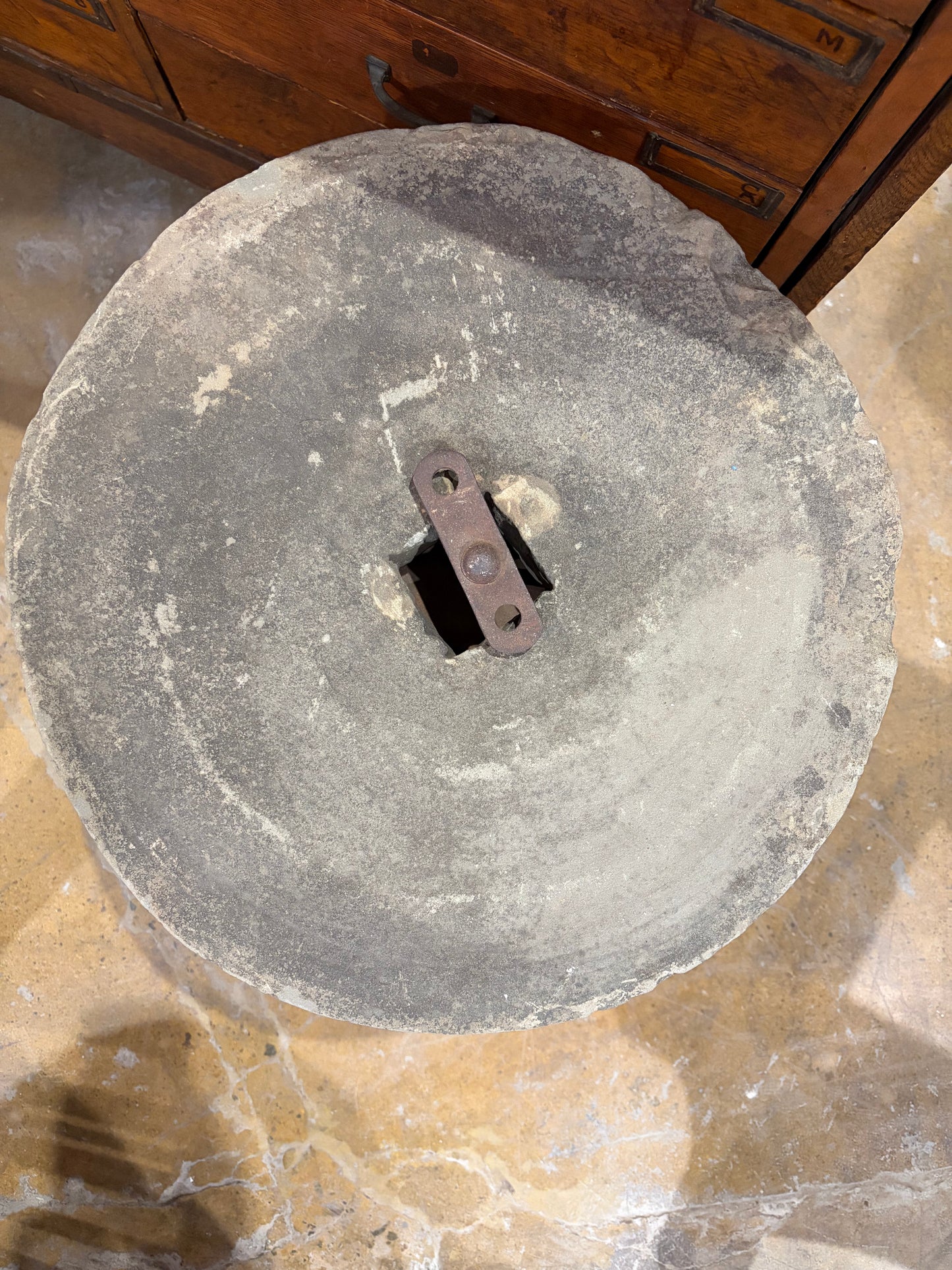 Grindstone Top Table with Industrial Iron Base
