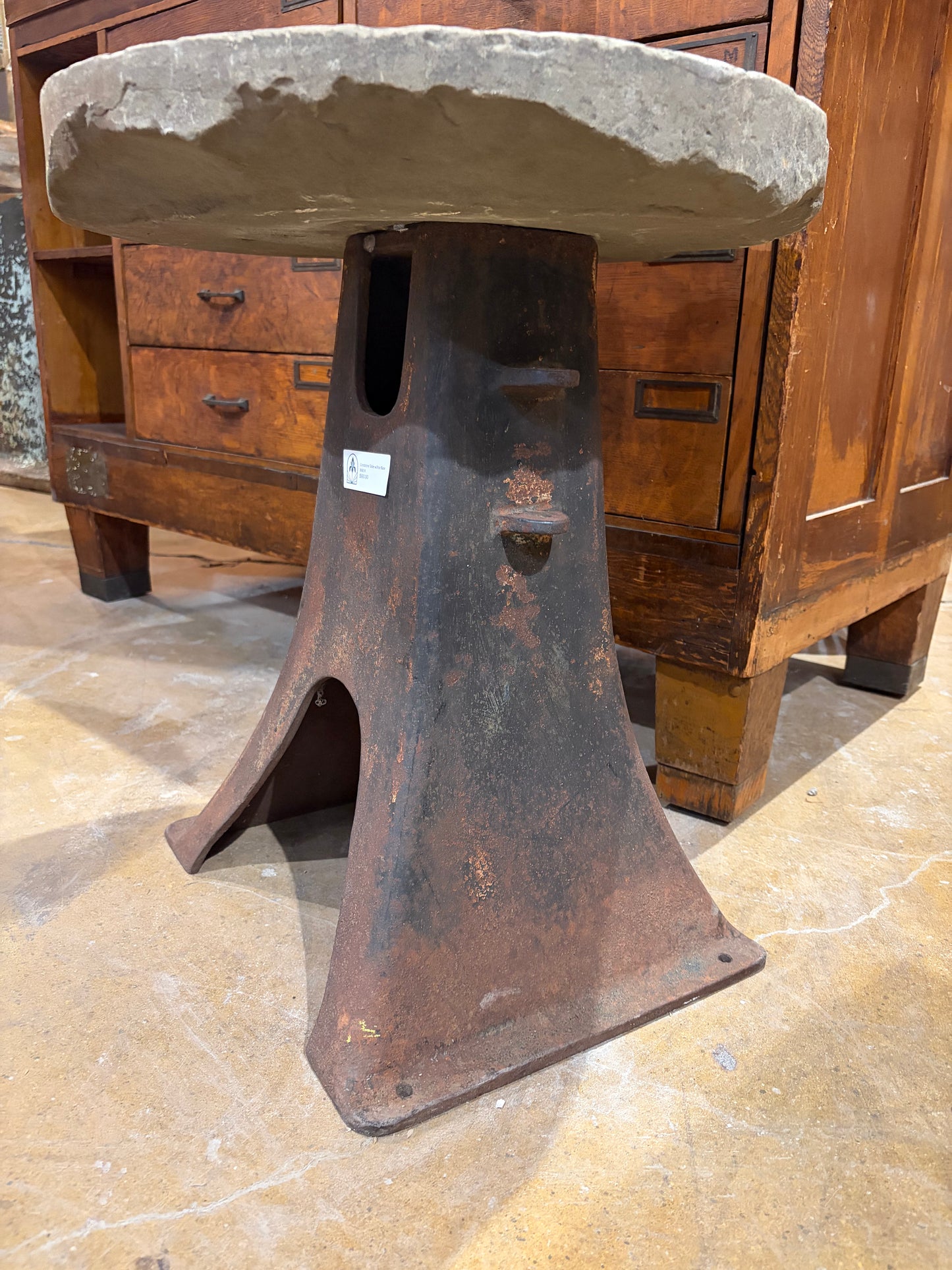 Grindstone Top Table with Industrial Iron Base