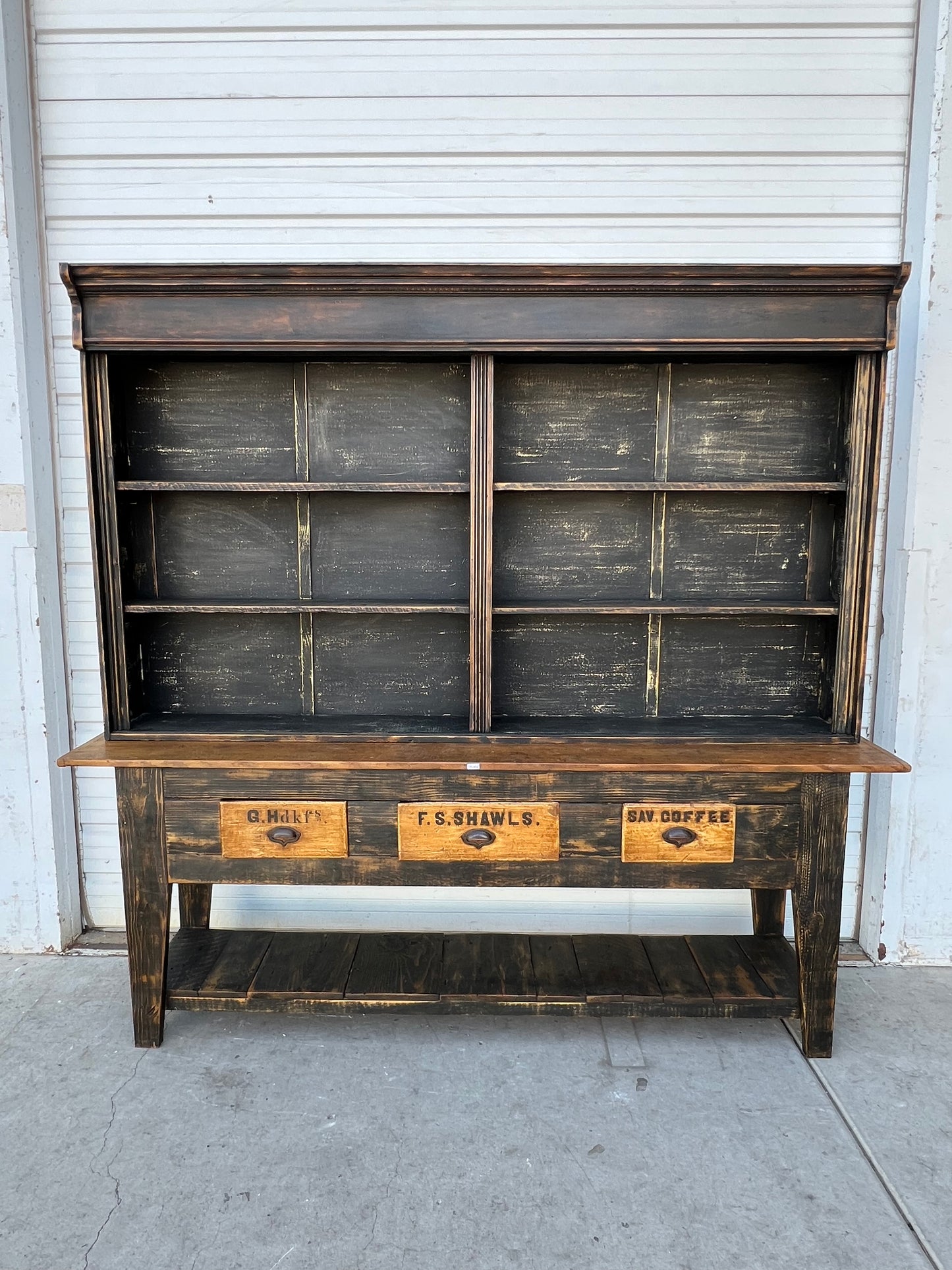 Black Painted General Store Two Piece Display Cabinet